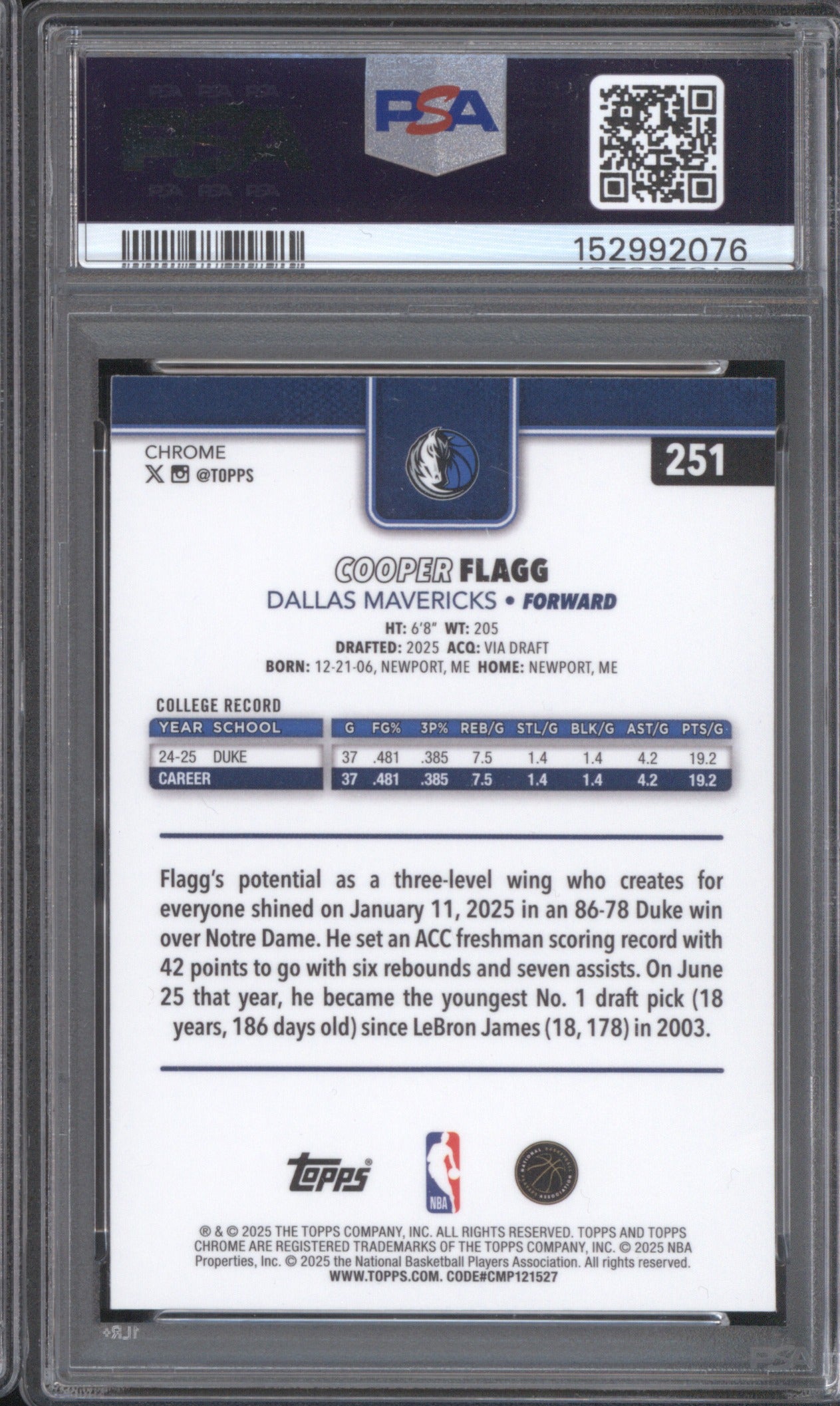 COOPER FLAGG 2025 TOPPS CHROME 251 PSA 8 REFRACTOR