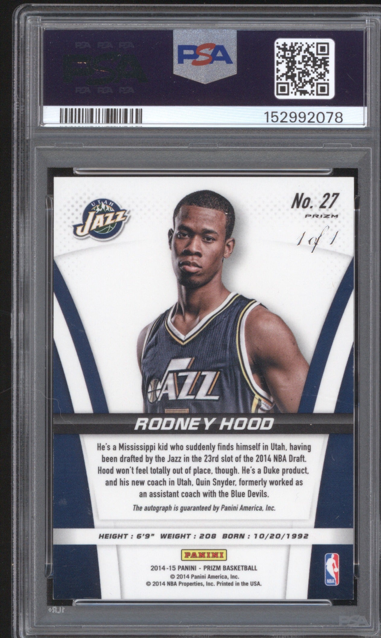 RODNEY HOOD 2014 PANINI PRIZM ROOKIE AUTO 27 PSA 9 BLACK PRIZM 1/1