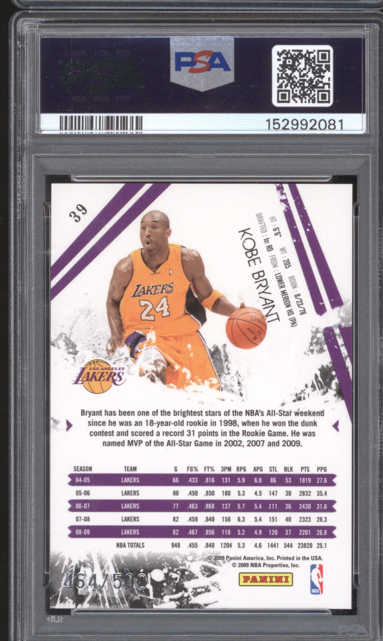 KOBE BRYANT 2009 PANINI ROOKIES & STARS #39 PSA 10 GOLD