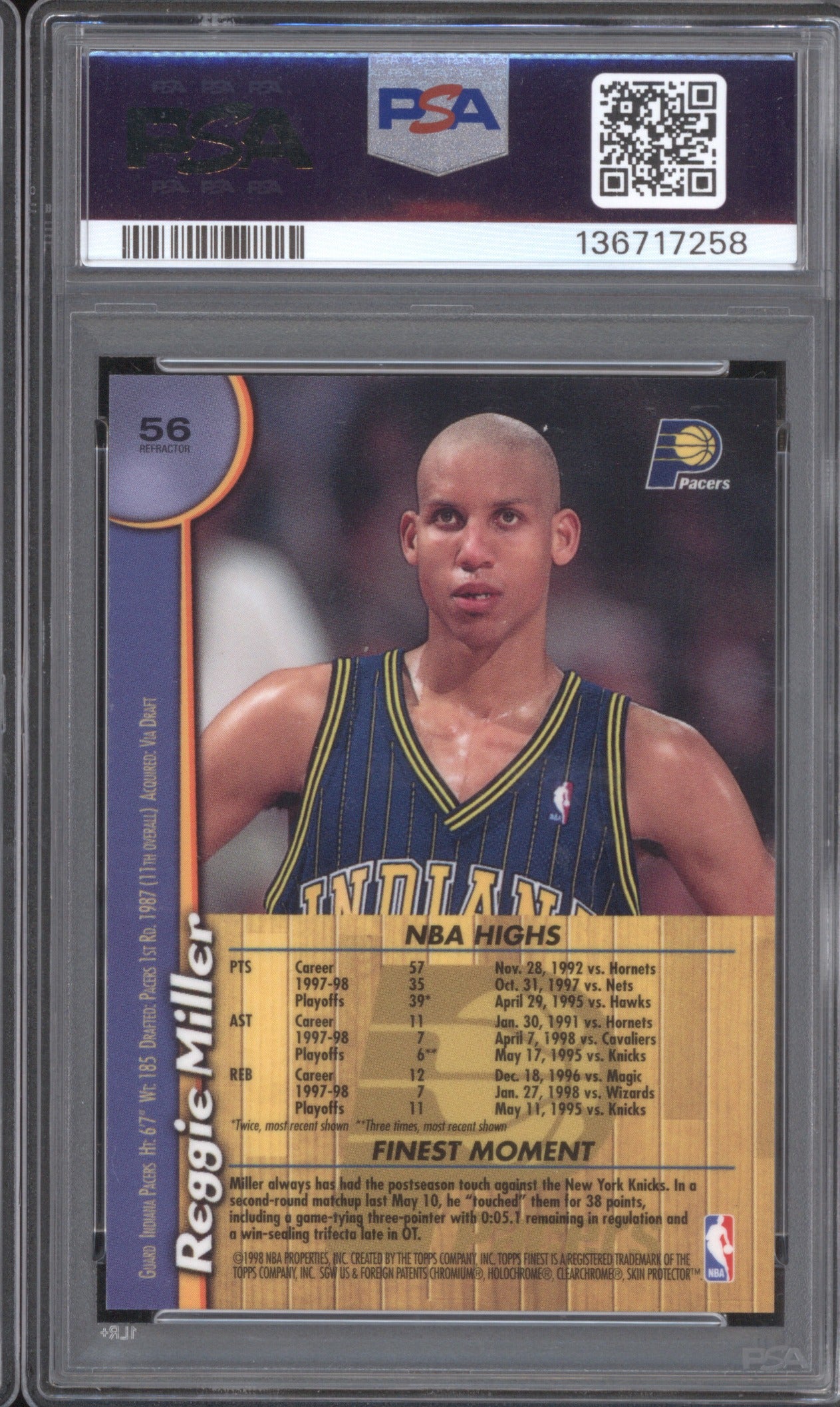 REGGIE MILLER 1998 FINEST #56 PSA 9 REFRACTOR