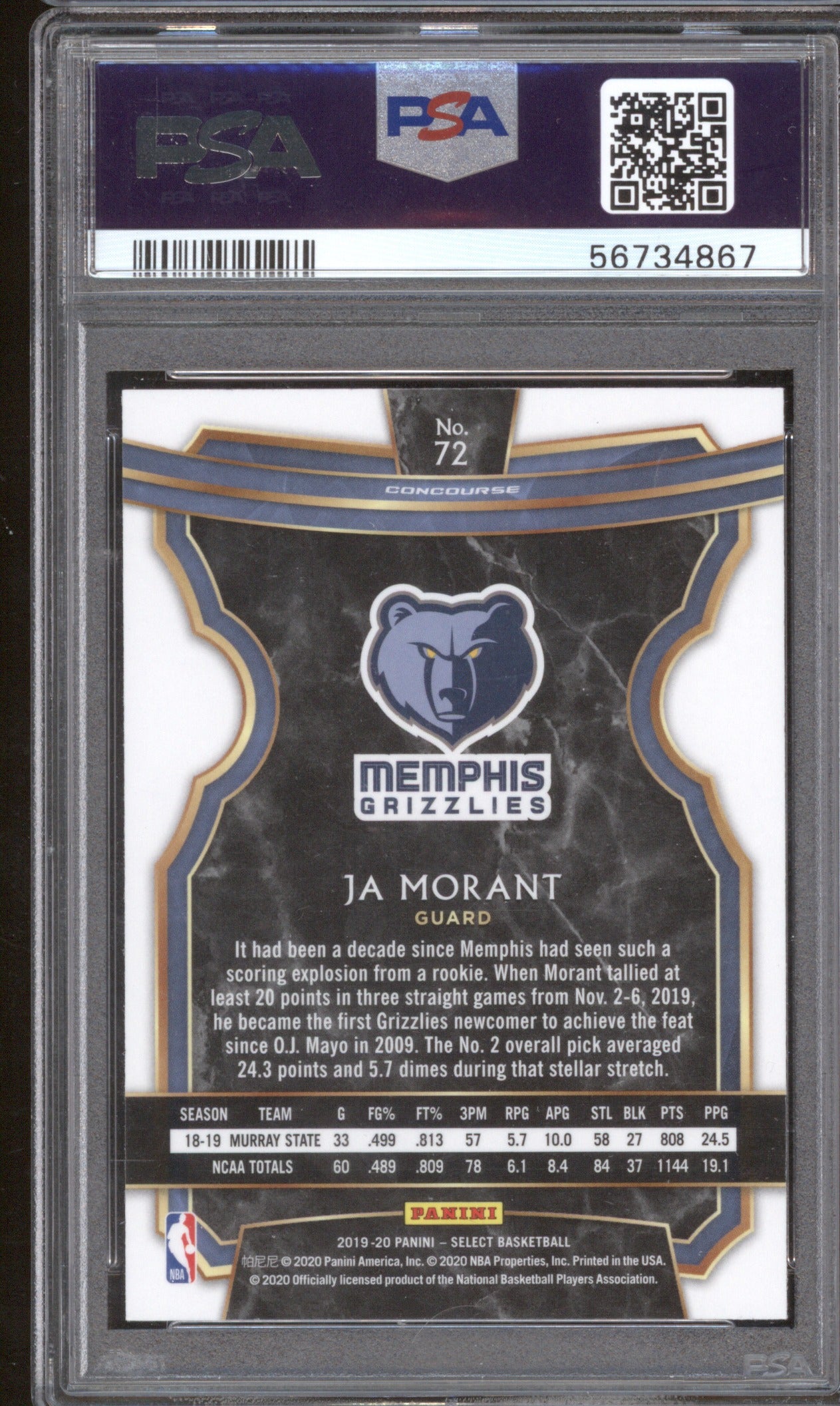 JA MORANT 2019 PANINI SELECT 72 PSA 10