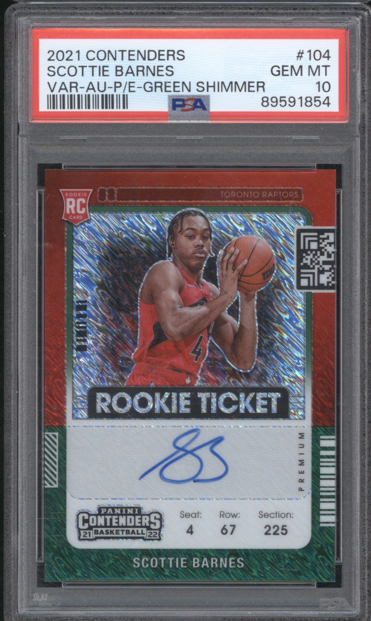 Scottie Barnes 2021 Panini Contenders 104 Green Shimmer Auto Variation PSA 10