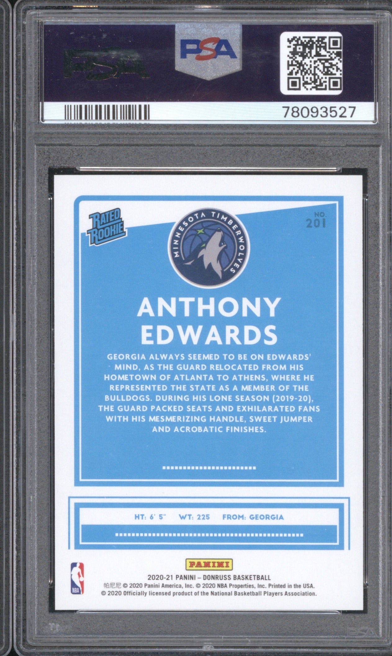 Anthony Edwards 2020 Panini Donruss 201 Press Proof Purple 141/199 PSA 10