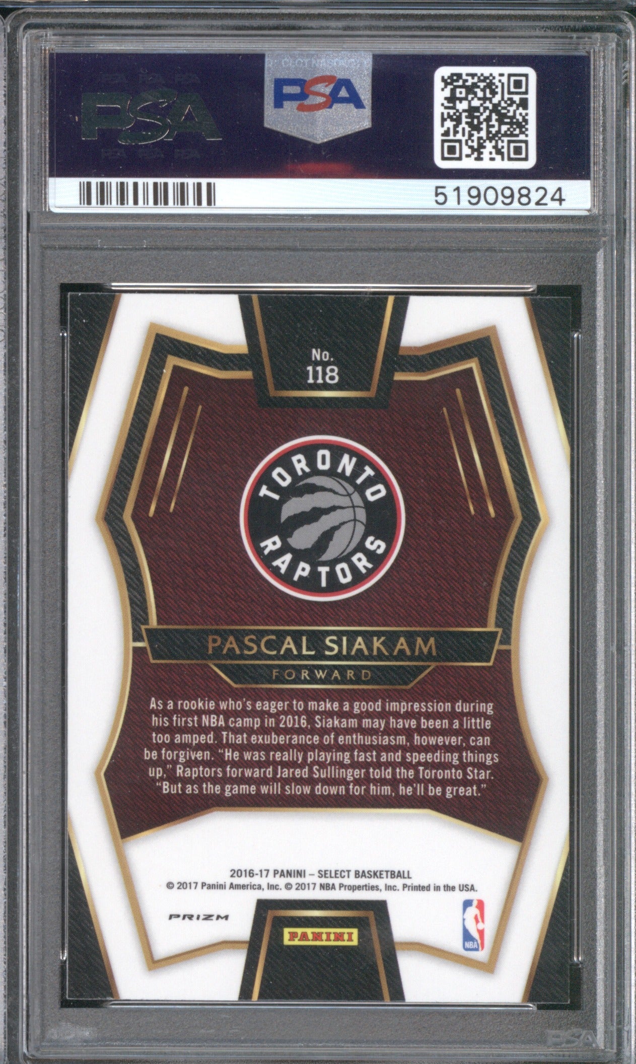 Pascal Siakam 2016 Panini Select 118 Silver Prizm PSA 10