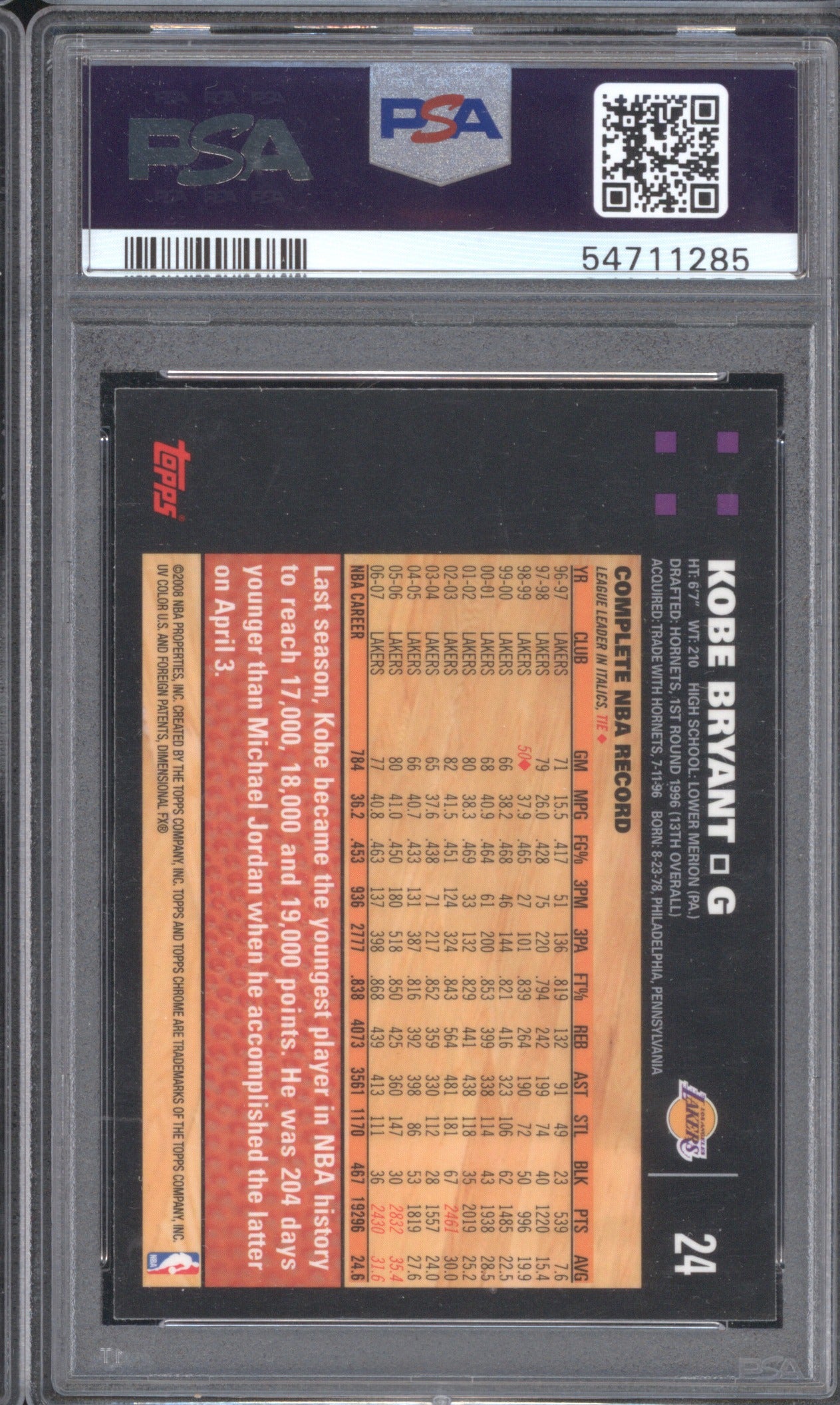 KOBE BRYANT 2007 TOPPS CHROME 24 PSA 10