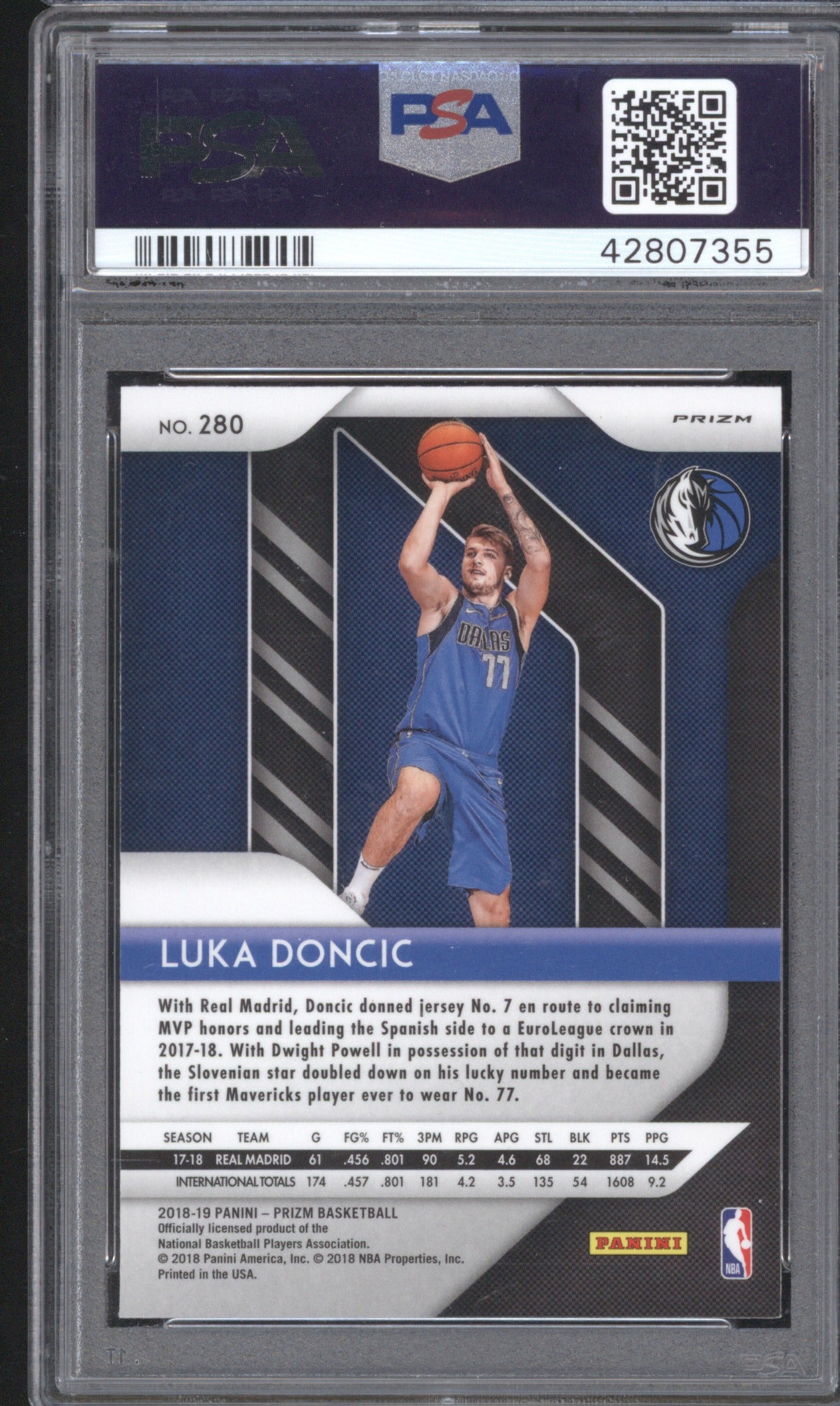 2018 PANINI PRIZM LUKA DONCIC 280 SILVER PRIZM PSA 9