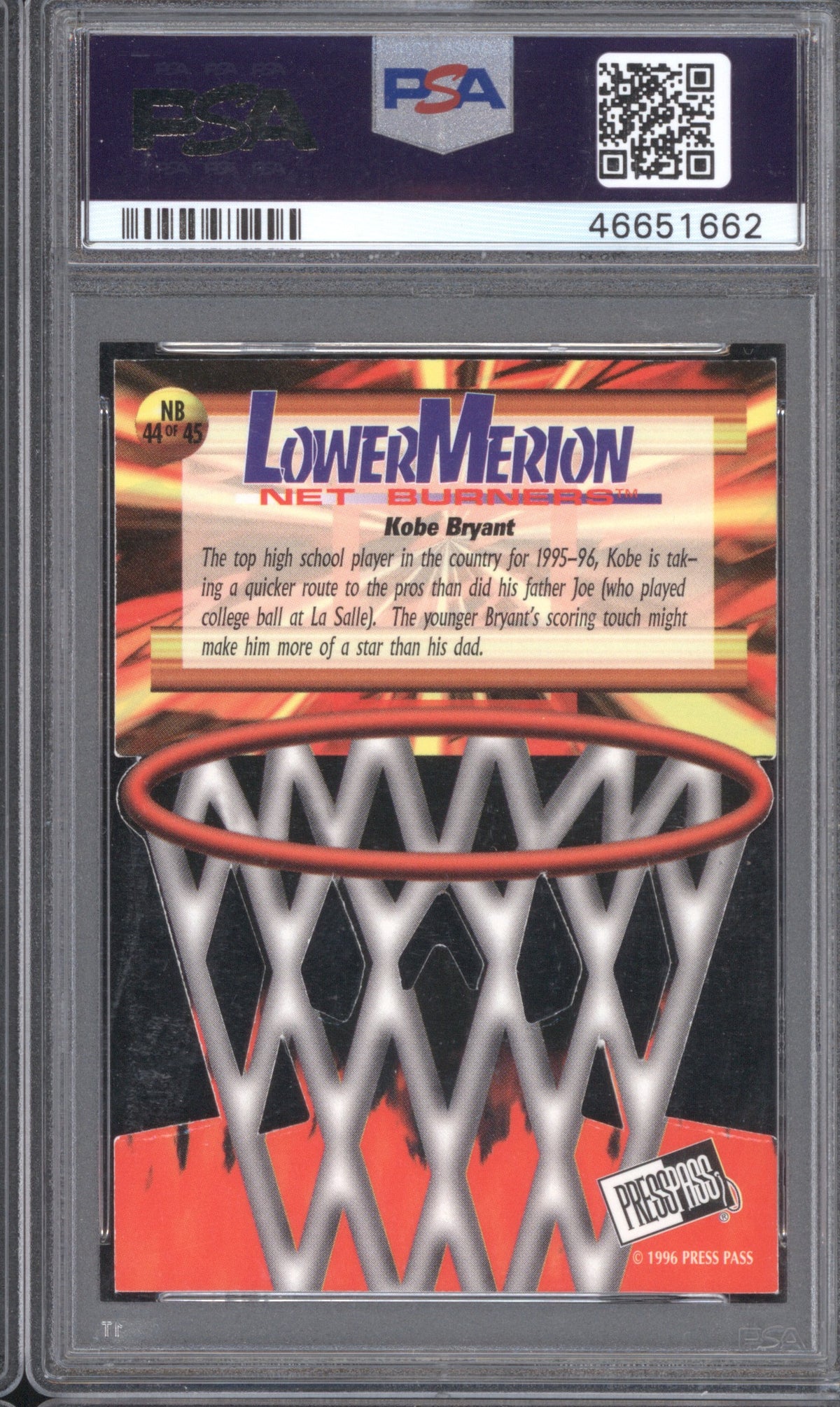 KOBE BRYANT 1996 PRESS PASS NET BURNERS 44 PSA 8