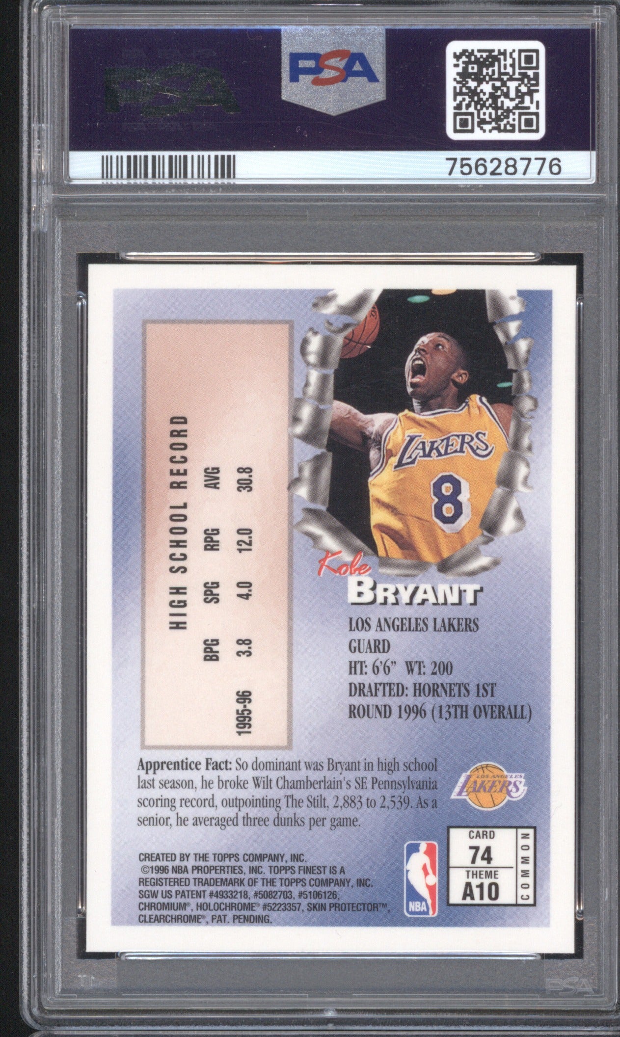 KOBE BRYANT 1996 FINEST 74 PSA 9 W/COATING