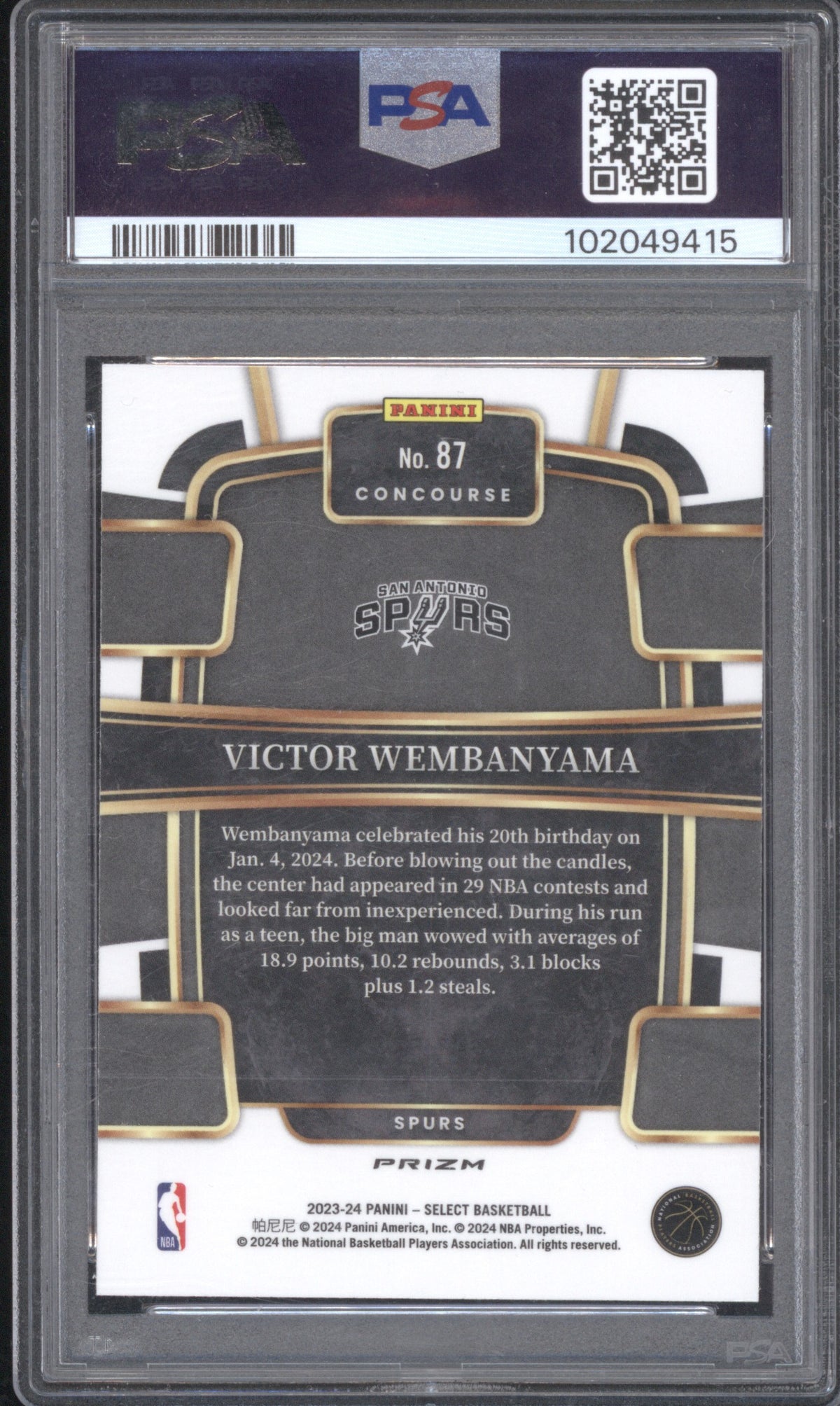 VICTOR WEMBANYAMA 2023 PANINI SELECT 87 PSA 10 SILVER PRIZM