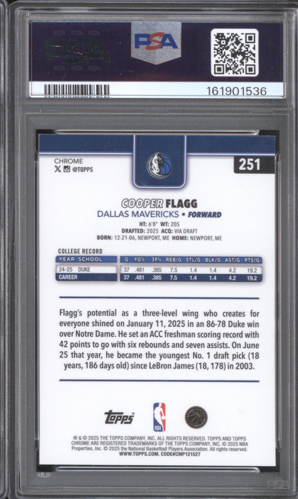 2025 TOPPS CHROME COOPER FLAGG 251 X-FRACTOR PSA 8