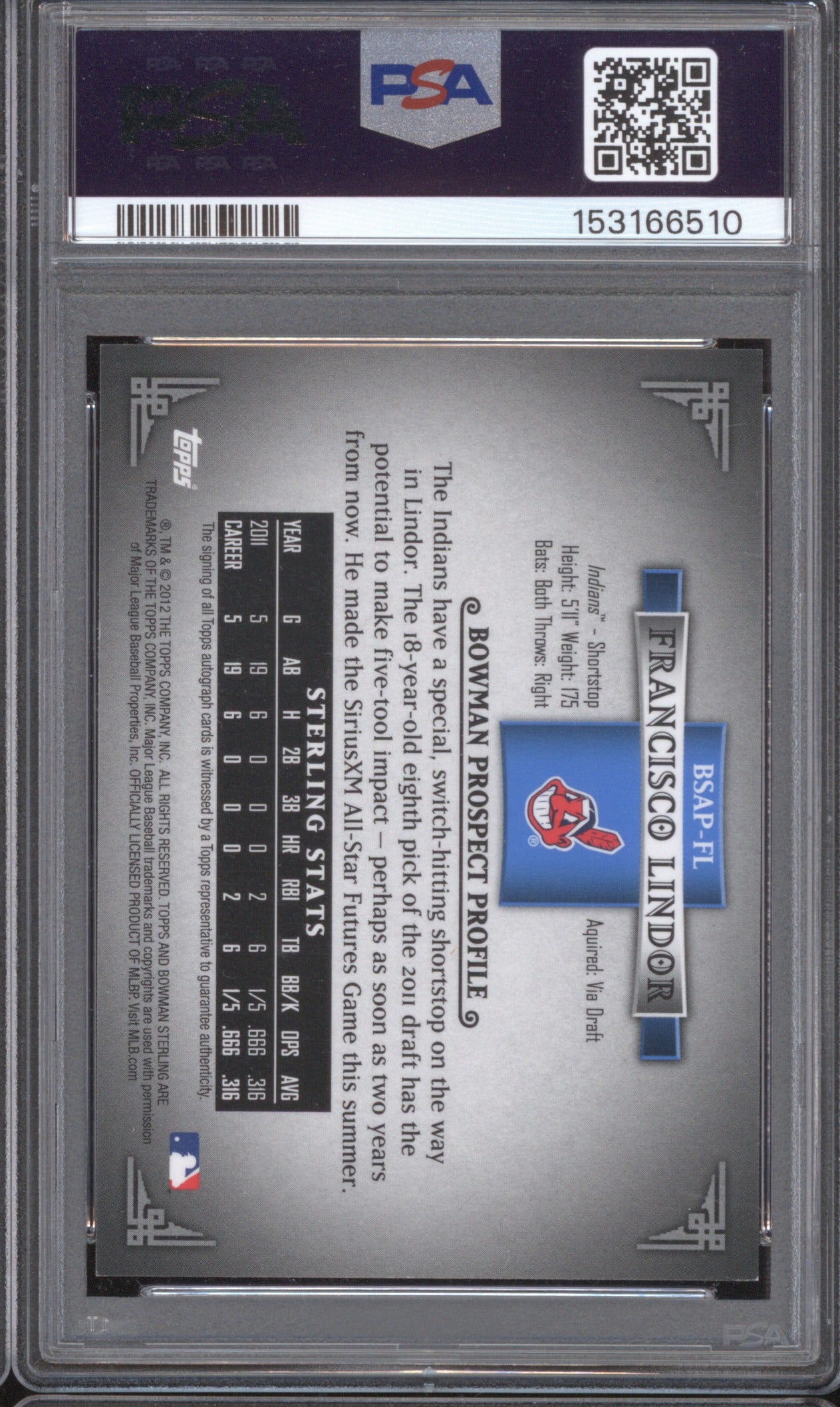 FRANCISCO LINDOR 2012 BOWMAN STERLING AUTOGRAPH PROSPECTS AUTO REFRACTOR PSA 9