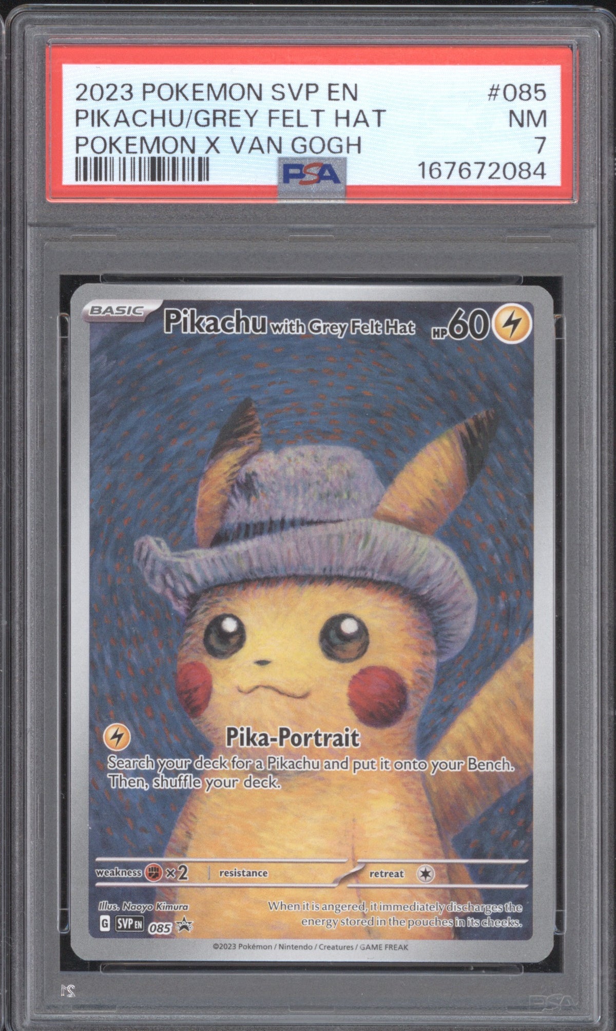 VAN GOGH PIKACHU with GREY FELT HAT 2023 POKEMON BLACK STAR PROMO SVP 085 PSA 7