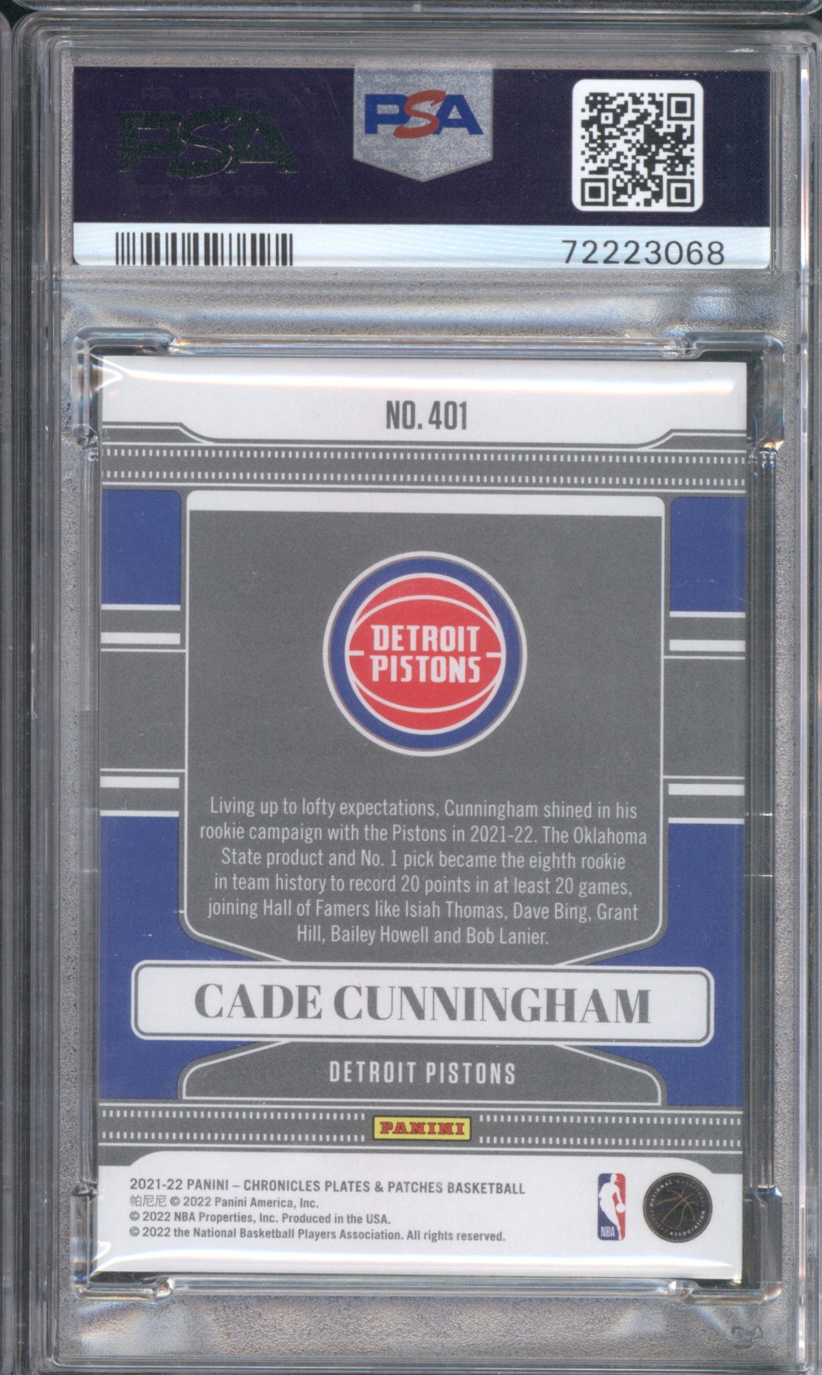CADE CUNNINGHAM ROOKIE 2021 PANINI CHRONICLES /249 #401 PSA 9