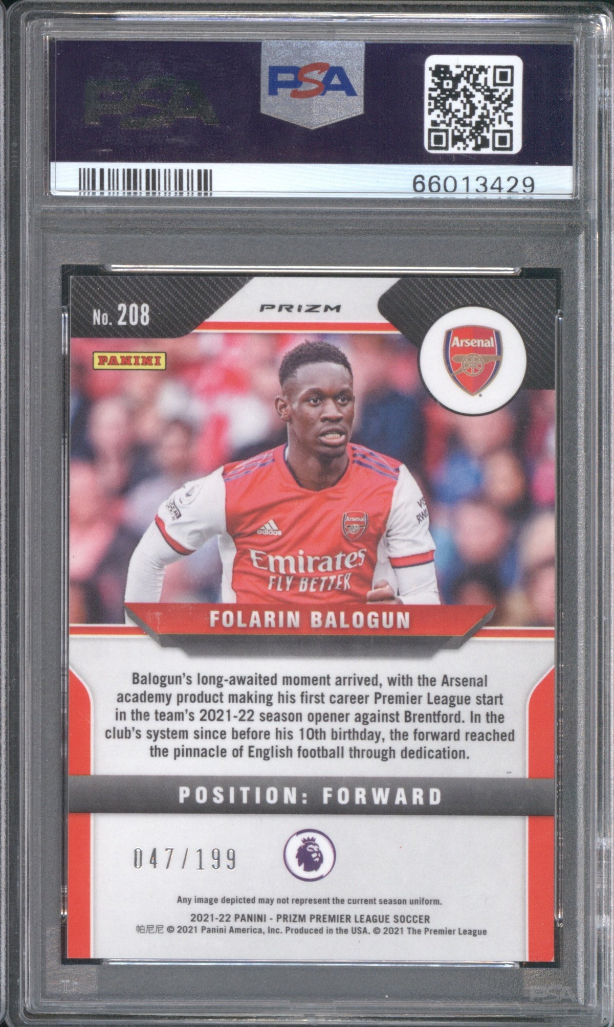 FOLARIN BALOGUN 2021 PANINI PRIZM EPL ARSENAL #208 RED /199 PSA 9 COLOUR MATCH