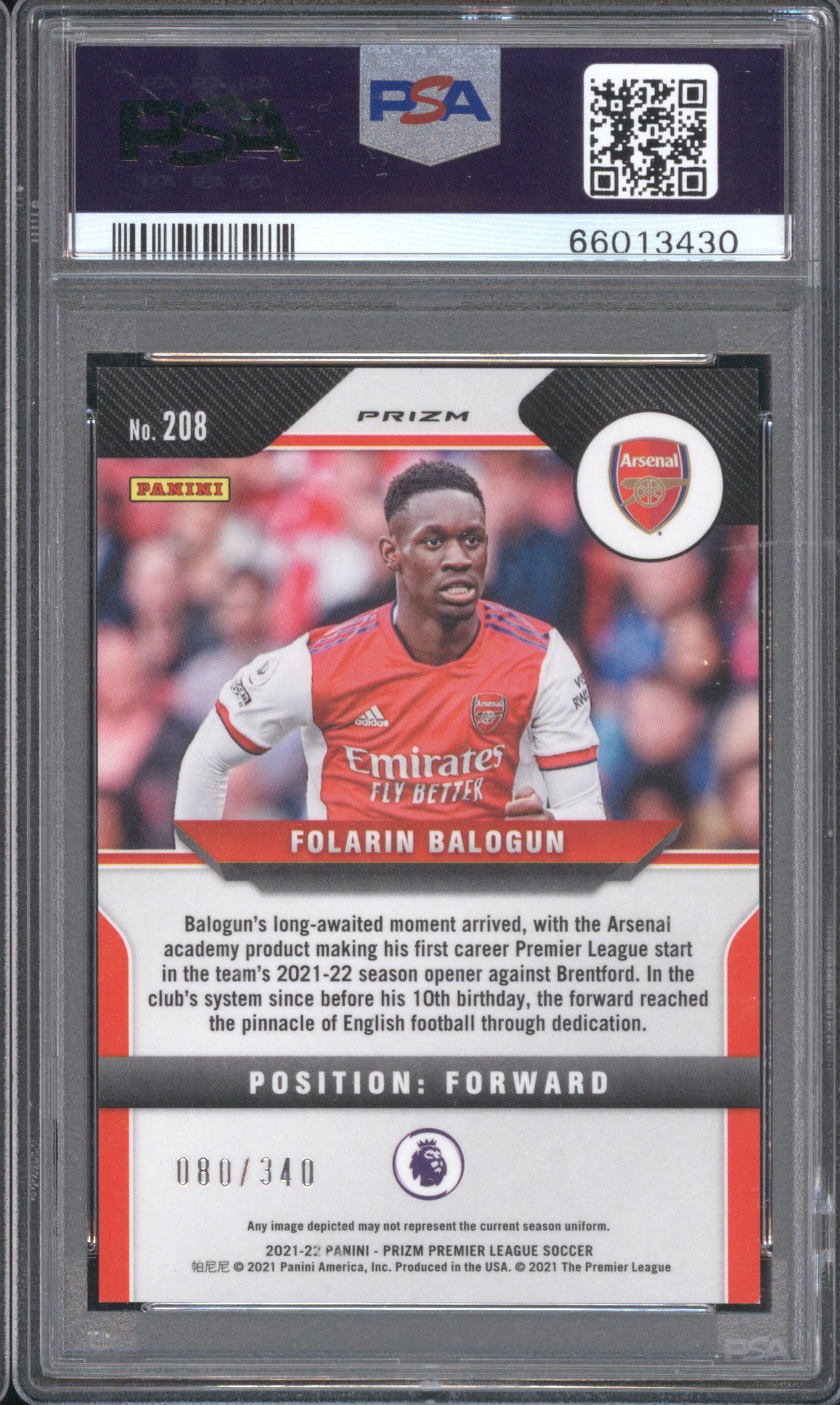FOLARIN BALOGUN 2021 PANINI PRIZM PREMIER LEAGUE ARSENAL #208 BLUE /340 PSA 10