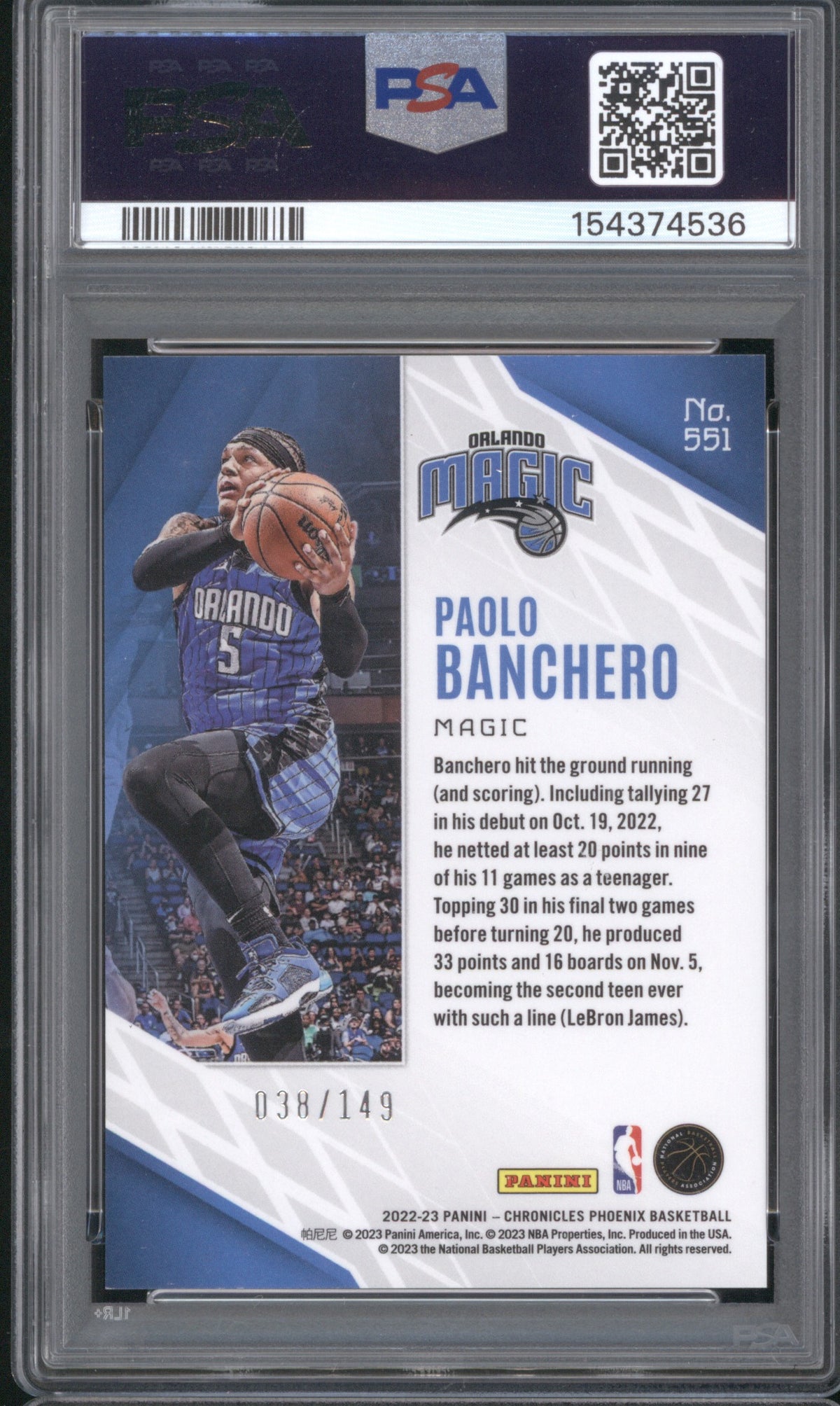 PAOLO BANCHERO ROOKIE 2022 PANINI CHRONICLES #551 RED /149 PSA 9