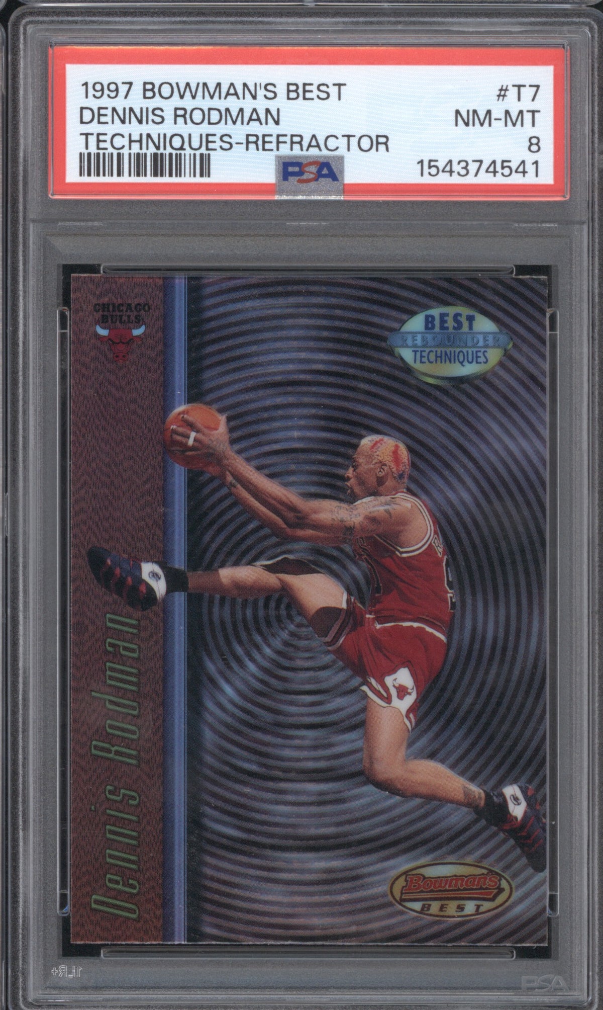 DENNIS RODMAN 1997 BOWMAN'S BEST TECHNIQUES REFRACTOR #T7 PSA 8
