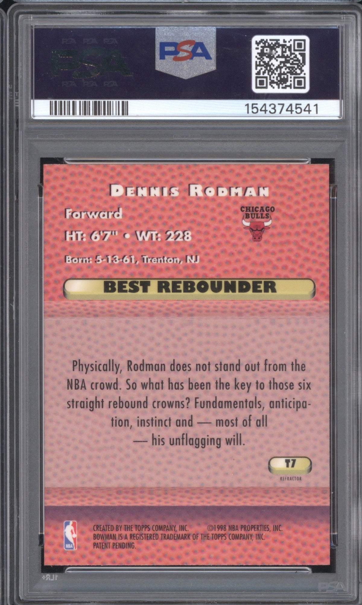 DENNIS RODMAN 1997 BOWMAN'S BEST TECHNIQUES REFRACTOR #T7 PSA 8