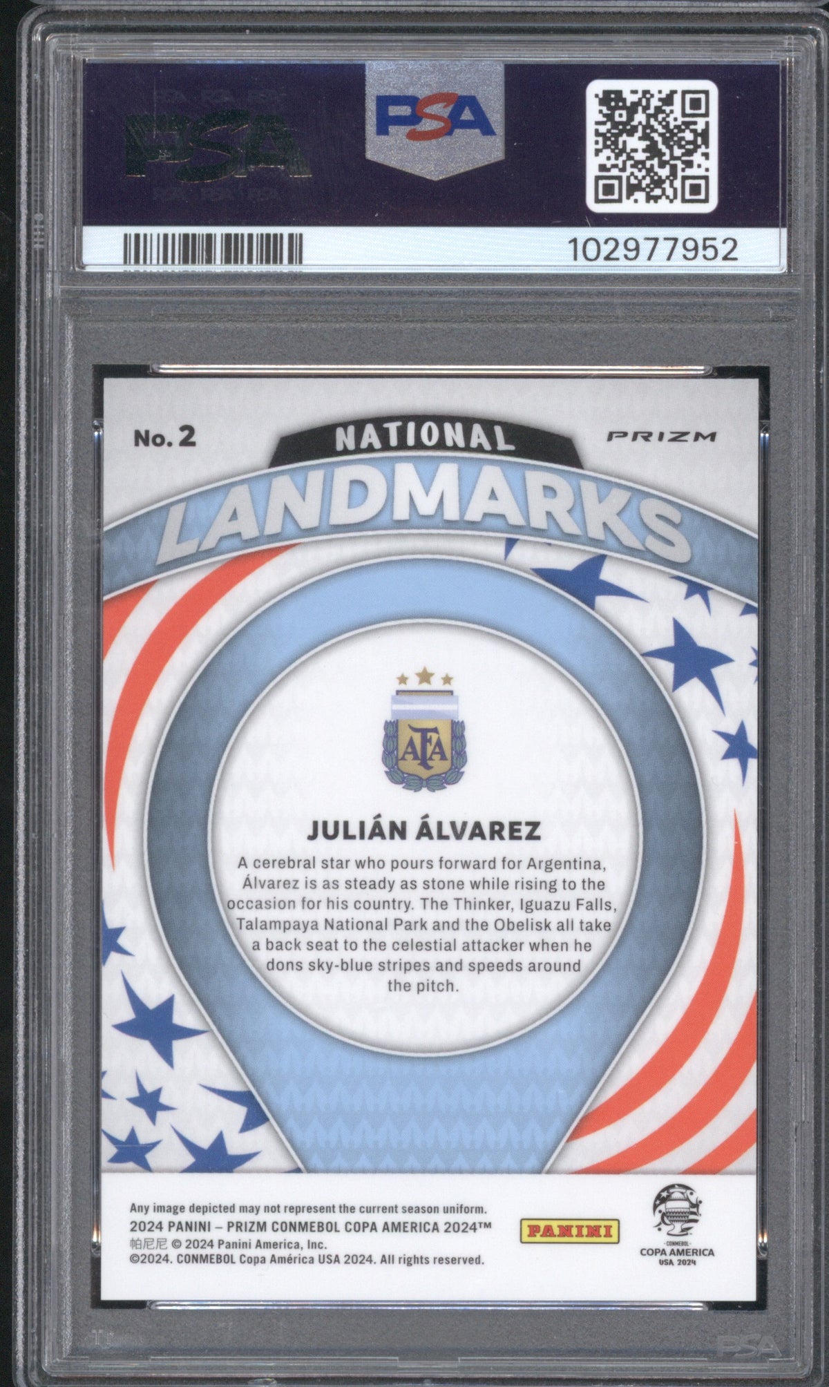 JULIAN ALVAREZ 2024 PANINI PRIZM NATIONAL LANDMARKS COPA AMERICA #2 PSA 9