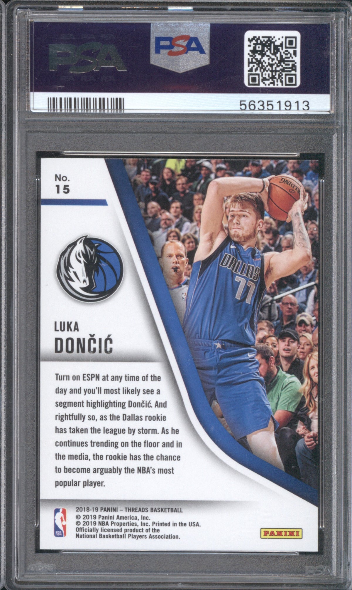 LUKA DONCIC ROOKIE 2018 PANINI THREADS OUR TIME #15 PSA 10