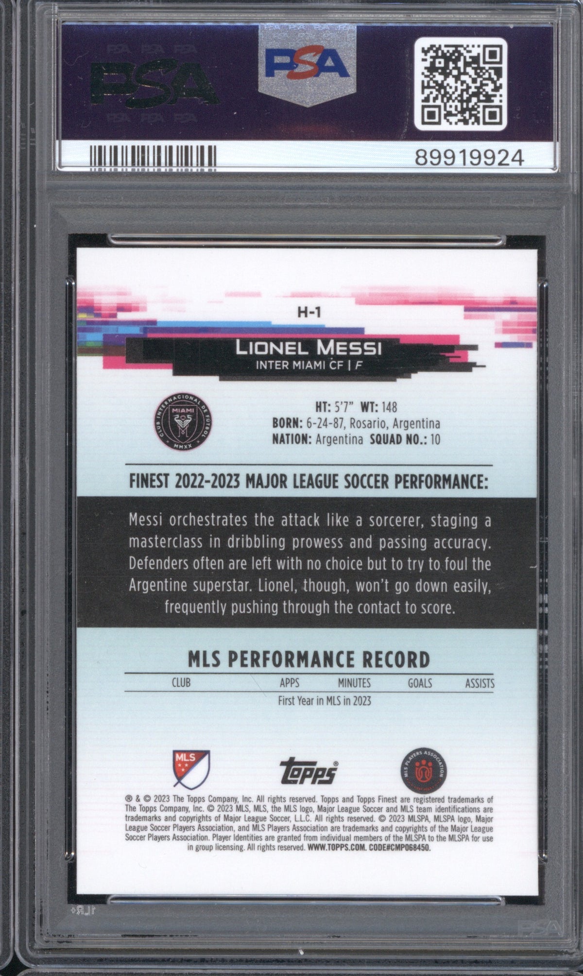 LIONEL MESSI 2023 TOPPS FINEST MLS HOLOGLOW #H1 PSA 10