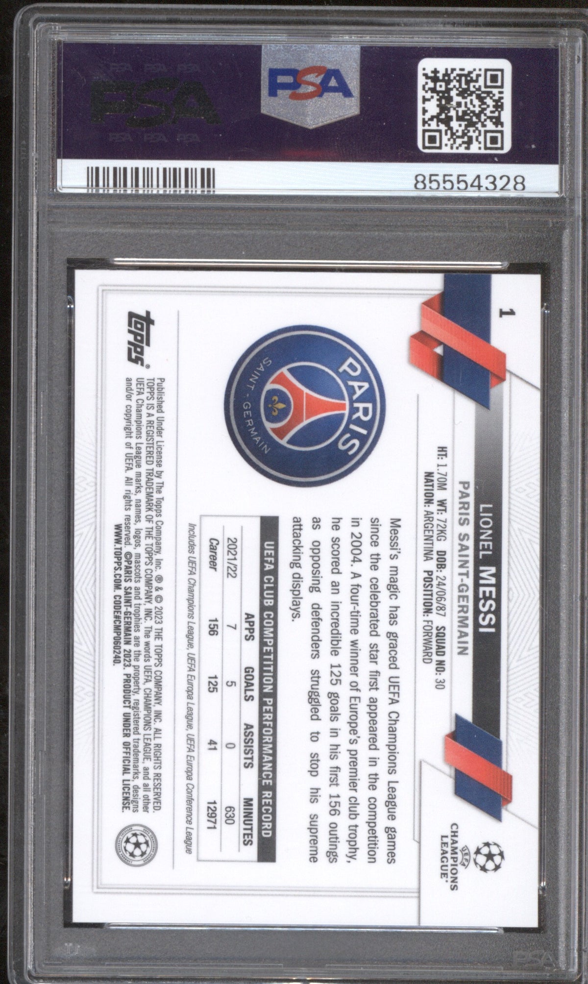 LIONEL MESSI 2022-23 TOPPS CHROME UEFA CLUB COMPETITIONS 1 PSA 9 HERO VARIATION