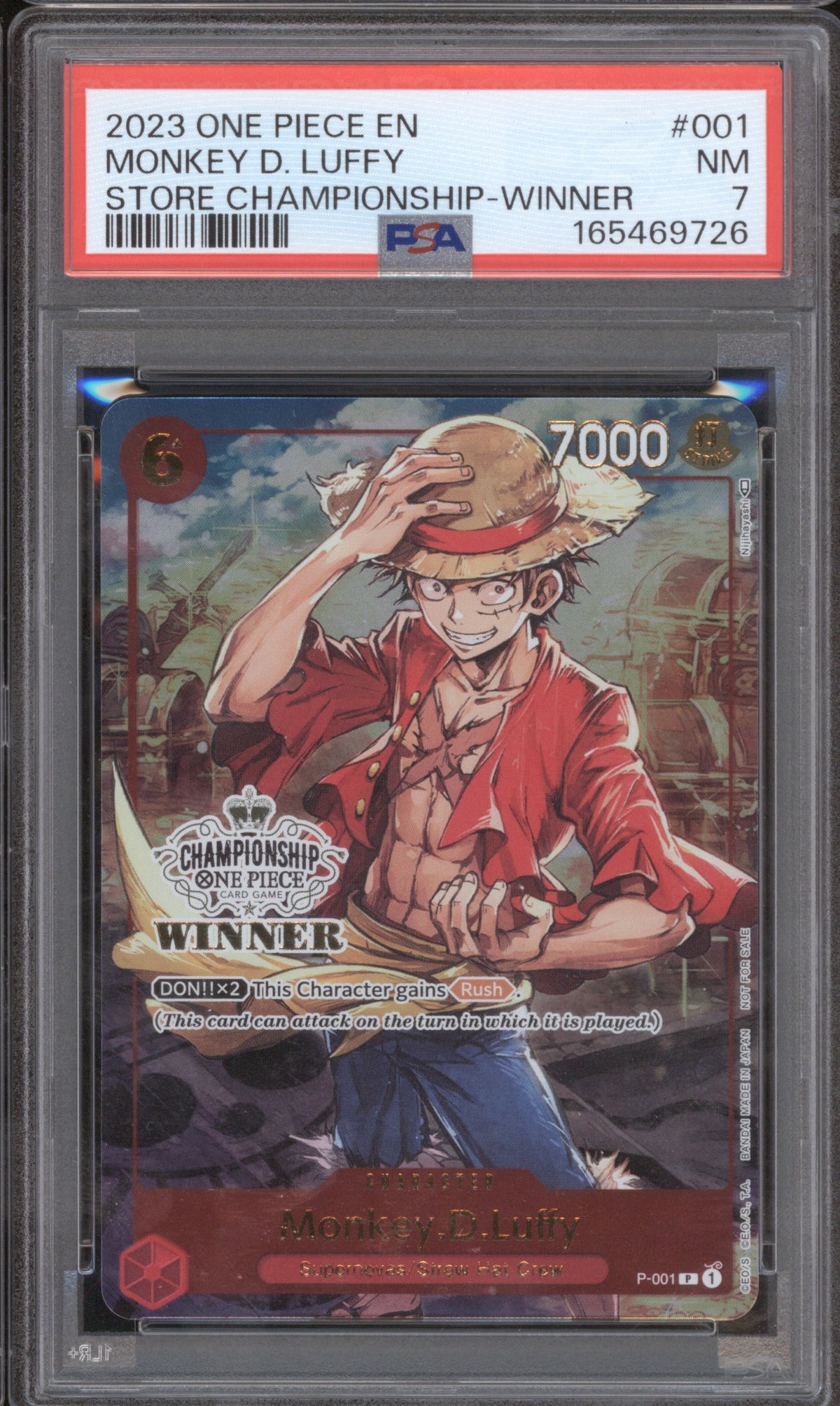MONKEY D. LUFFY 2023 ONE PIECE PROMOS 001 PSA 7 STORE CHAMPIONSHIP-WINNER