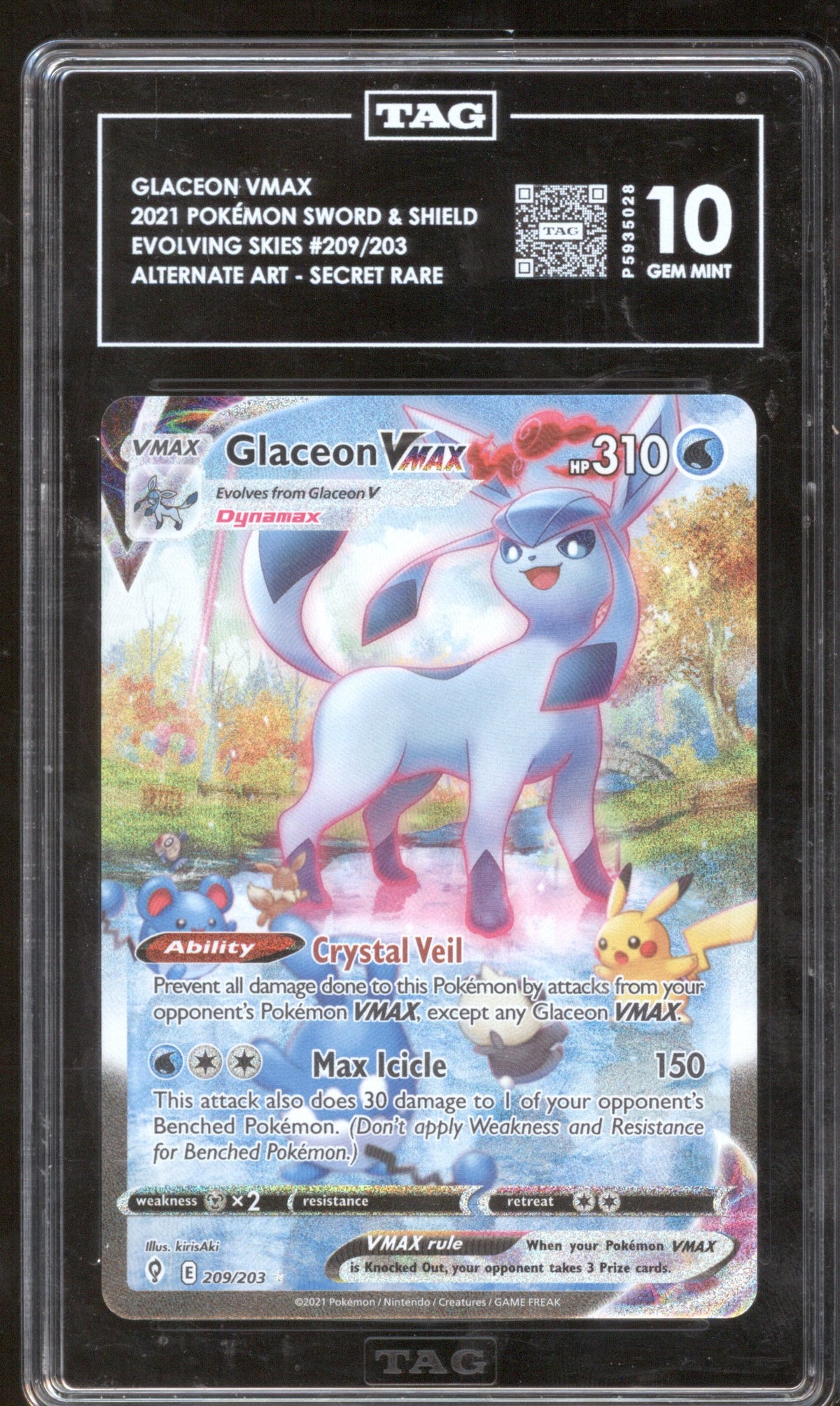 Glaceon VMAX SCR ALT ART 2021 Pokémon Evolving Skies 209/203 TAG 10