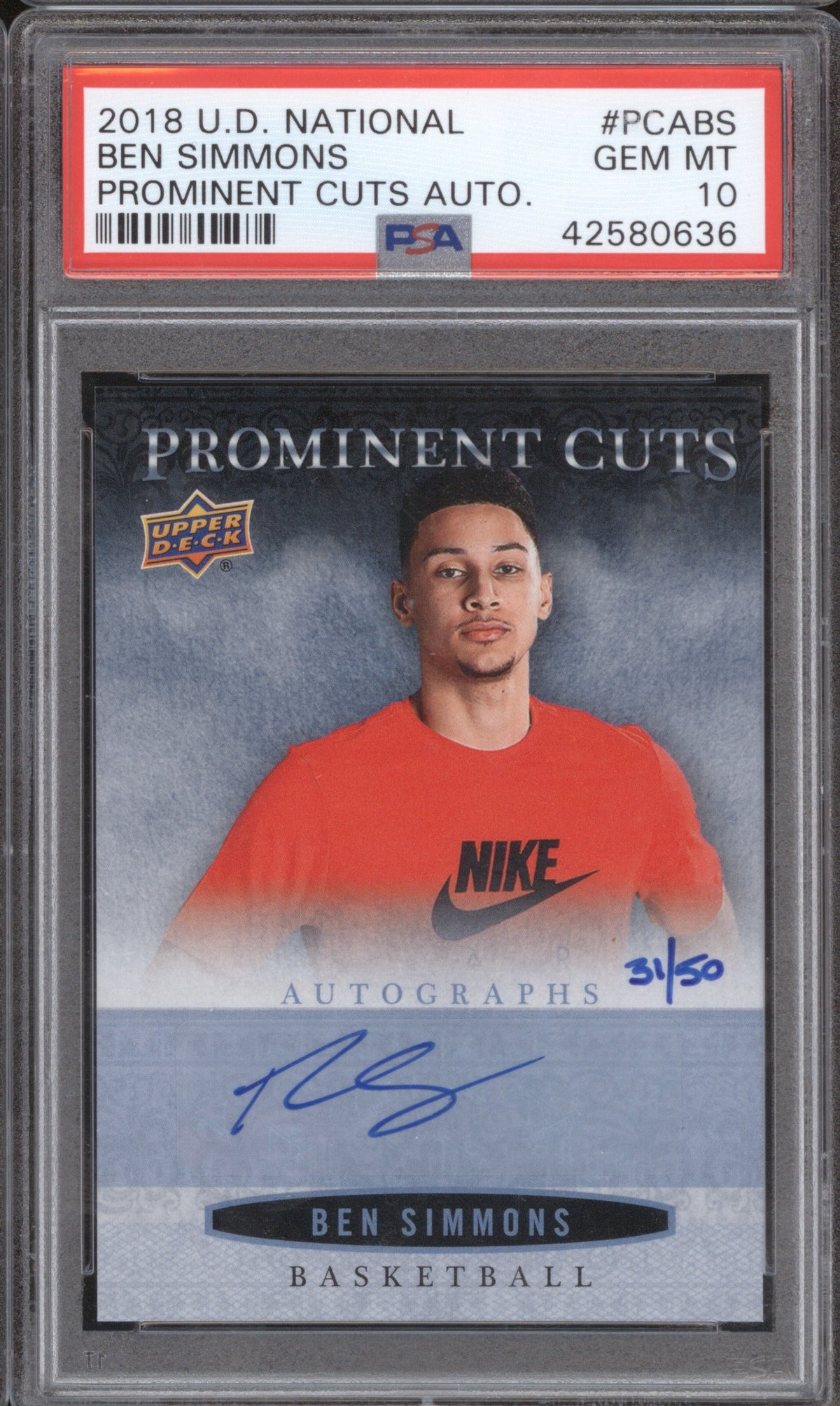 BEN SIMMONS 2018 UPPER DECK NATIONAL PROMINENT CUTS AUTOGRAPHS PCABS PSA 10 AUTO