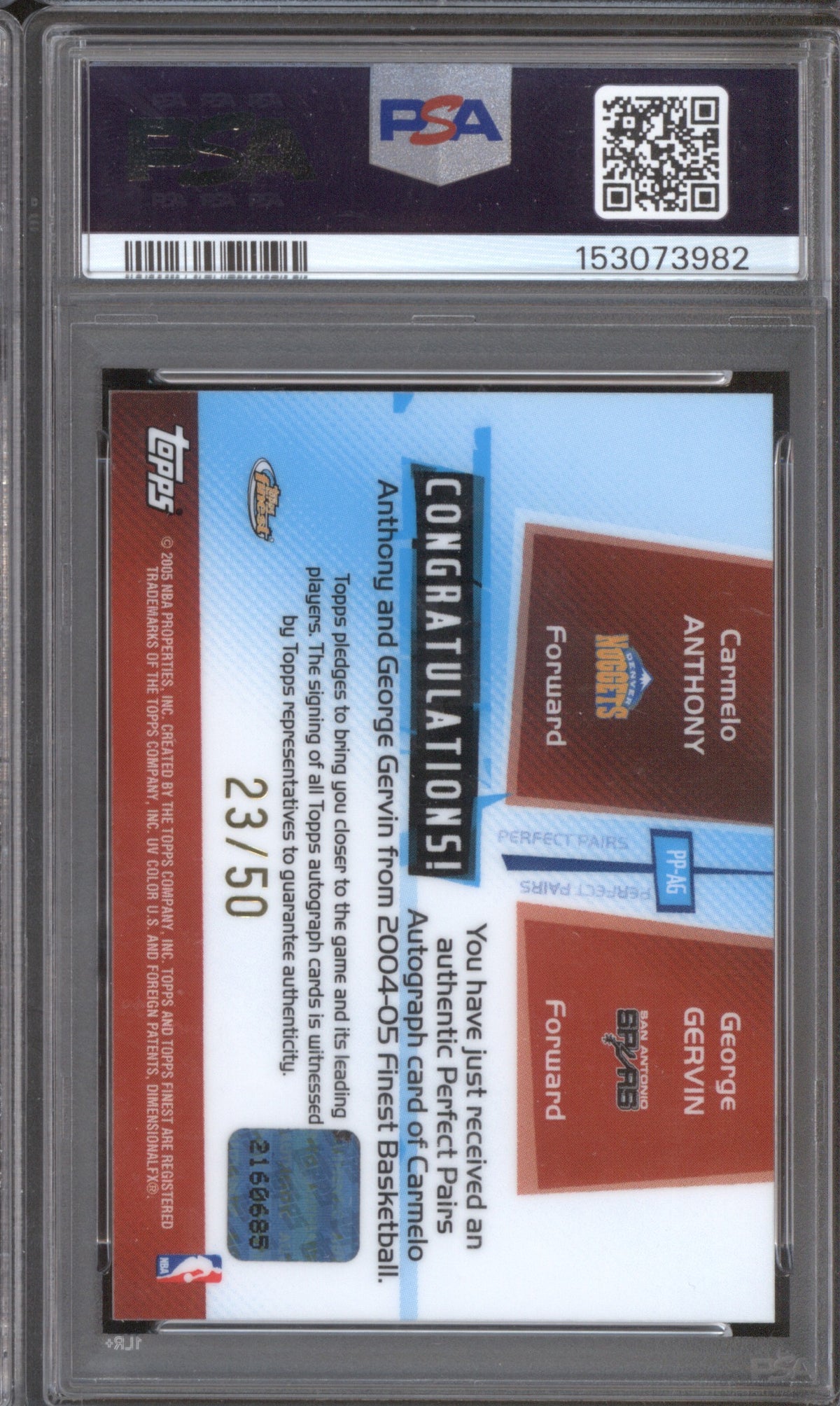 G.GERVIN/C.ANTHONY 2004 FINEST PERFECT PAIRS PP-AG PSA 0 PERFECT PAIRS-AUTO 10