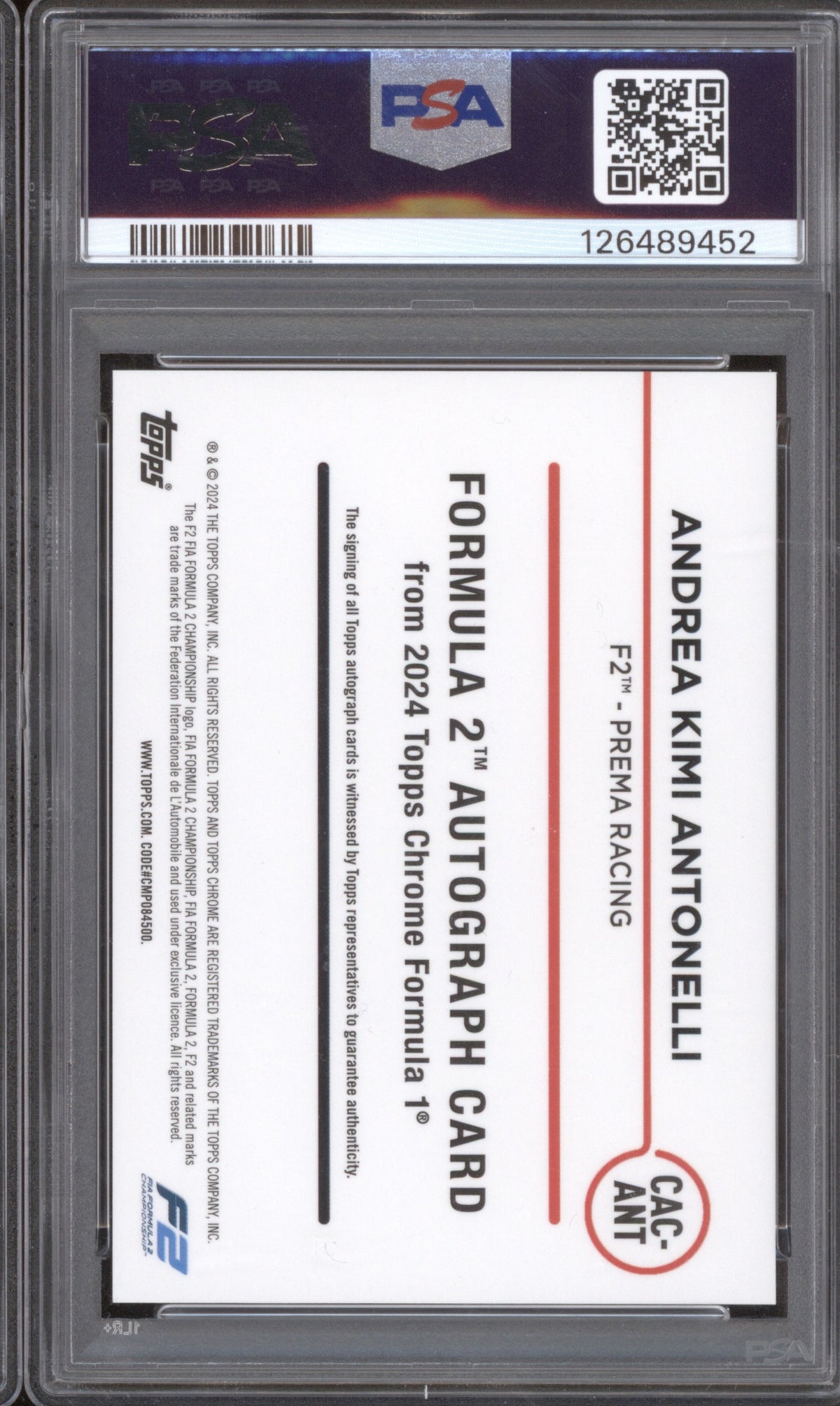 ANDREA KIMI ANTONELLI 2024 TOPPS CHROME FORMULA 1 AUTOGRAPHS CACANT PSA 9