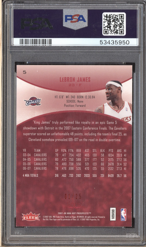 LeBron James 2007-08 Fleer Hot Prospects 5 Red 1/25 PSA 10 RKO