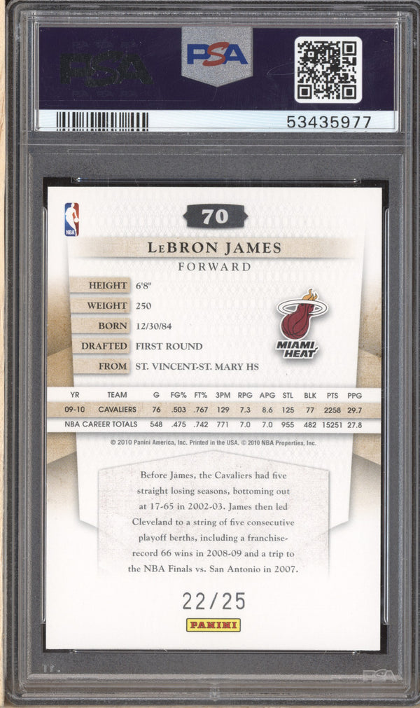 LeBron James 2010-11 Panini Timeless Treasures 70 Silver 22/25 PSA 10 RKO