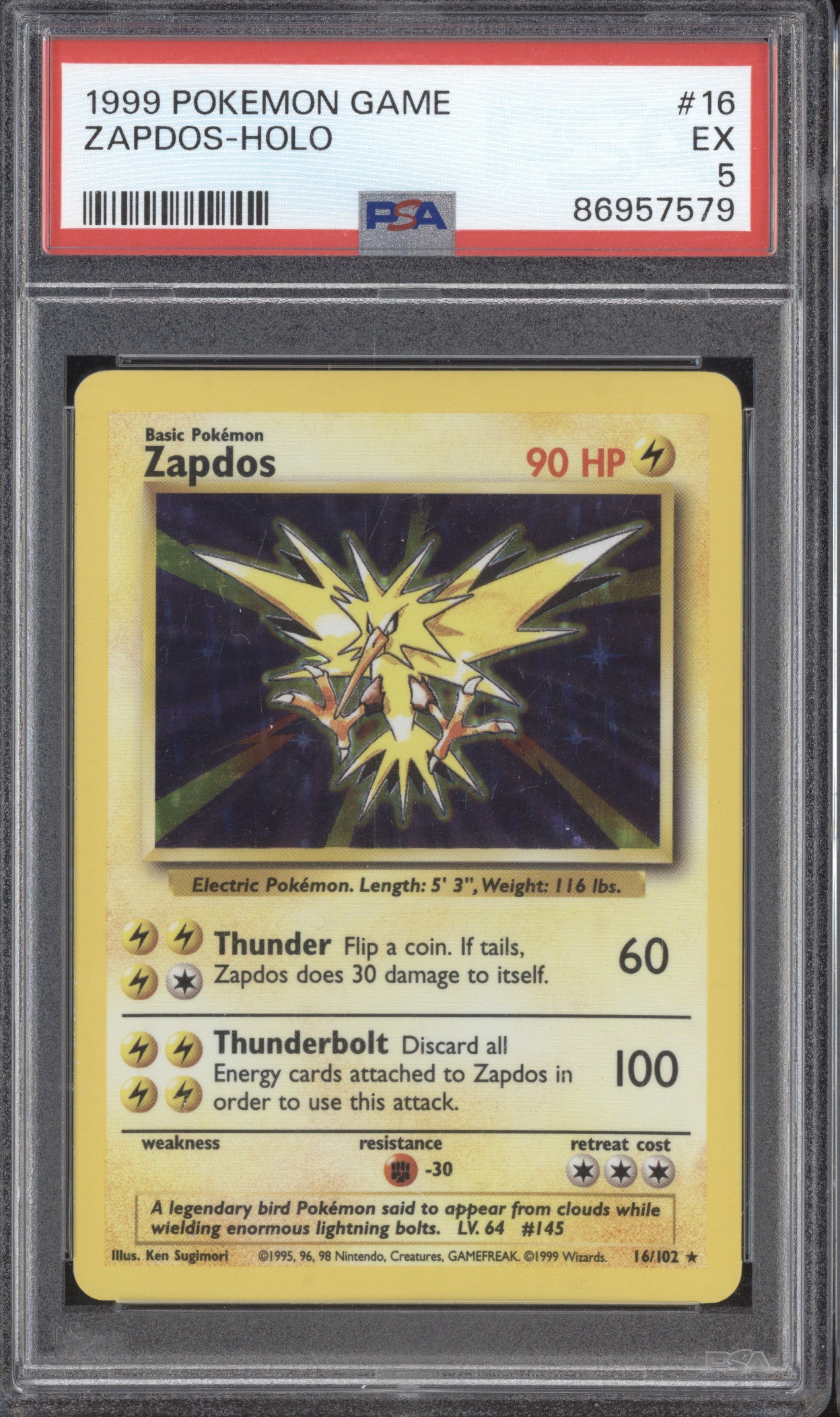 Zapdos 1999 Pokemon Unlimited 16/102 Holo PSA 5 ASR