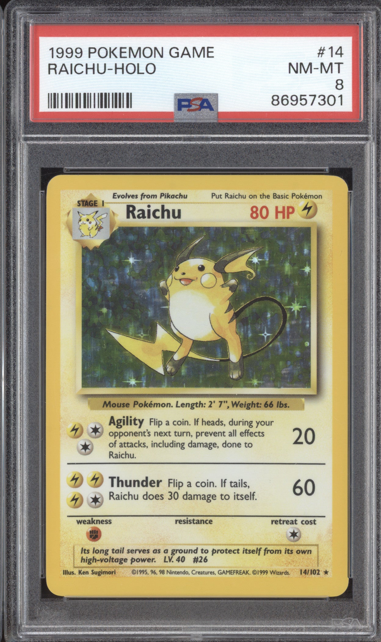 Raichu 1999 Pokemon Unlimited 14/102 Holo PSA 8 ASR