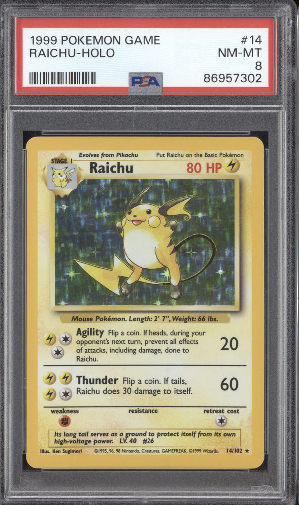 Raichu 1999 Pokemon Unlimited 14/102 Holo PSA 8 ASR