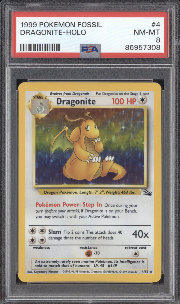 Dragonite 1999 Pokemon Fossil 4/62 Holo PSA 8 ASR