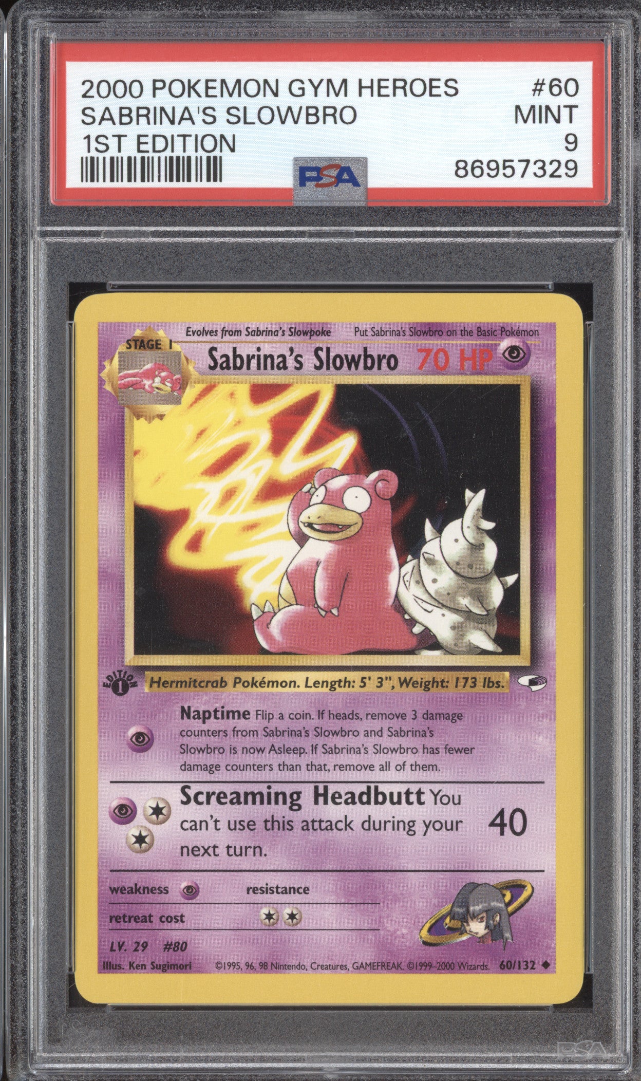 Sabrina's Slowbro 2000 Pokemon Gym Heroes 60/132 1st Edition PSA 9 ASR