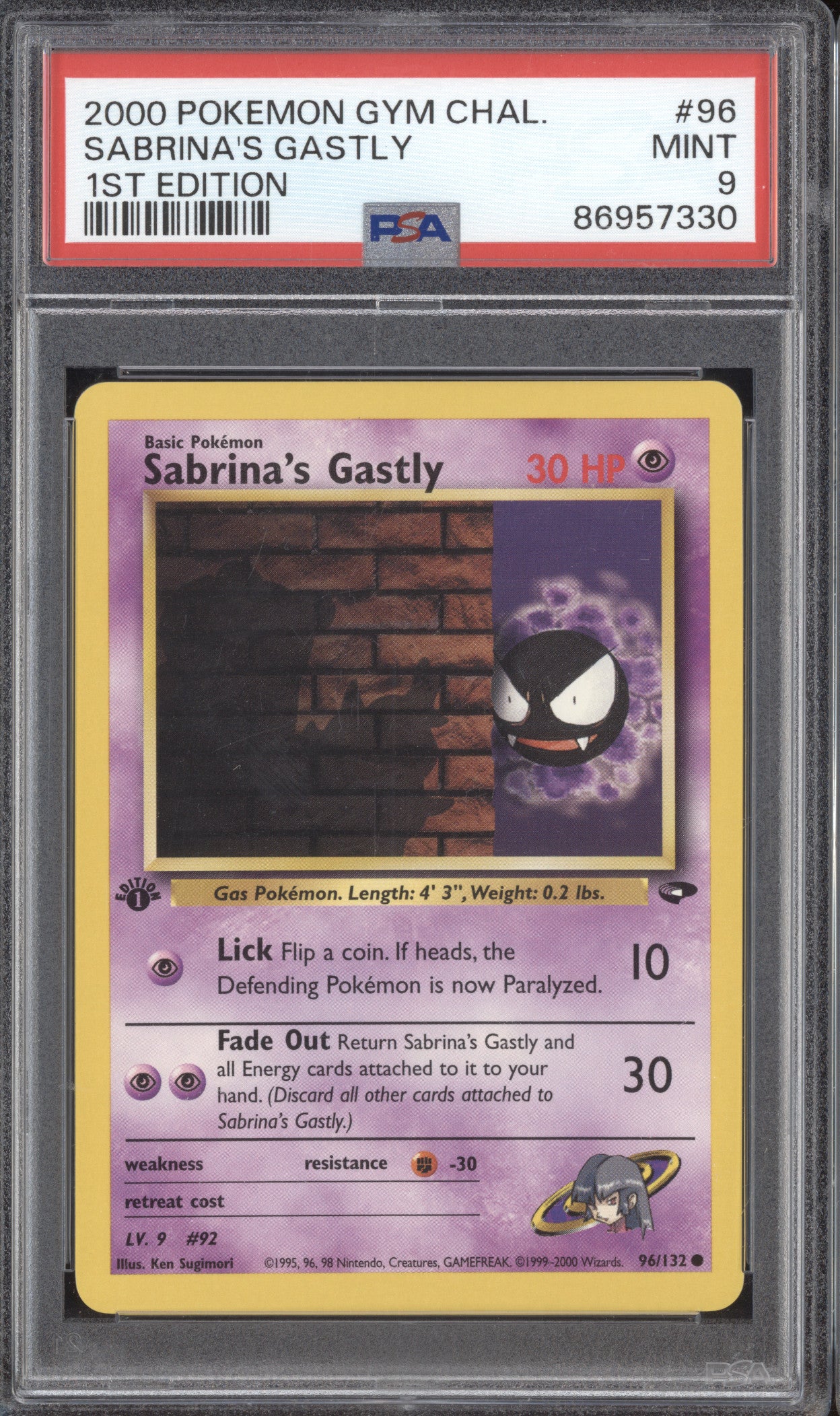 Sabrina's Gastly 2000 Pokemon Gym Challenge 96/132 1st Edition PSA 9 ASR