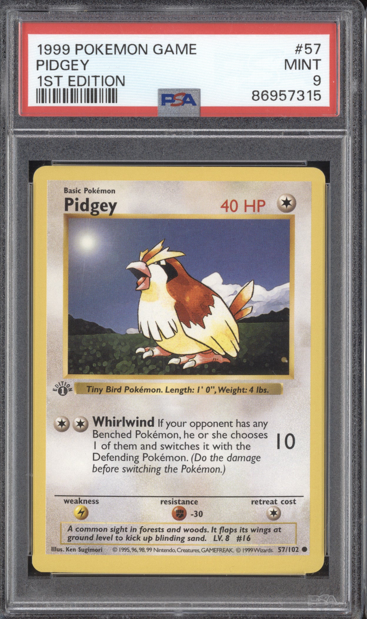 Pidgey 1999 Pokemon Unlimited 57/102 1st Edition PSA 9 ASR