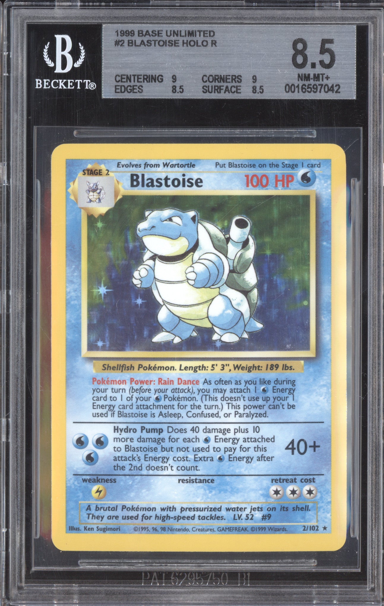 Blastoise 1999 Pokemon Unlimited 2/102 Holo BGS 8.5 ASR