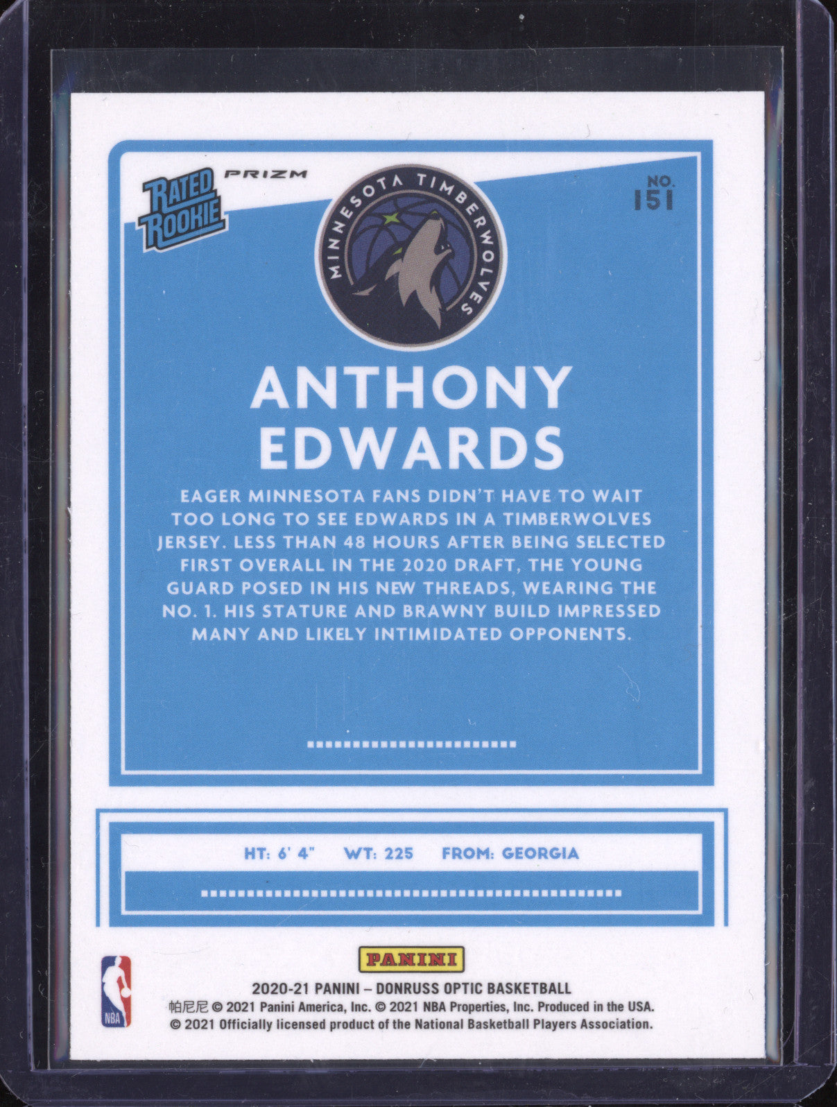 Anthony Edwards 2020-21 Panini Donruss Optic 151 Optic Holo RC