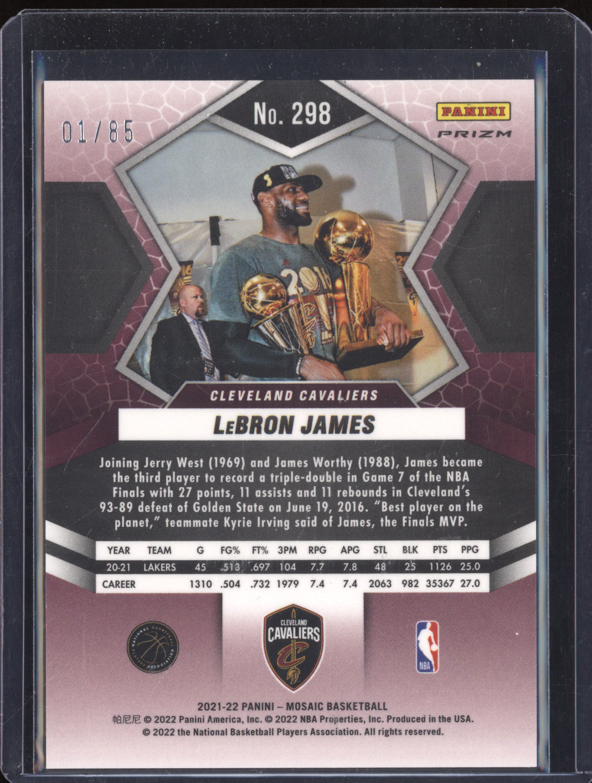 LeBron James 2021-22 Panini Mosaic 298 Blue Fast Break 1/85