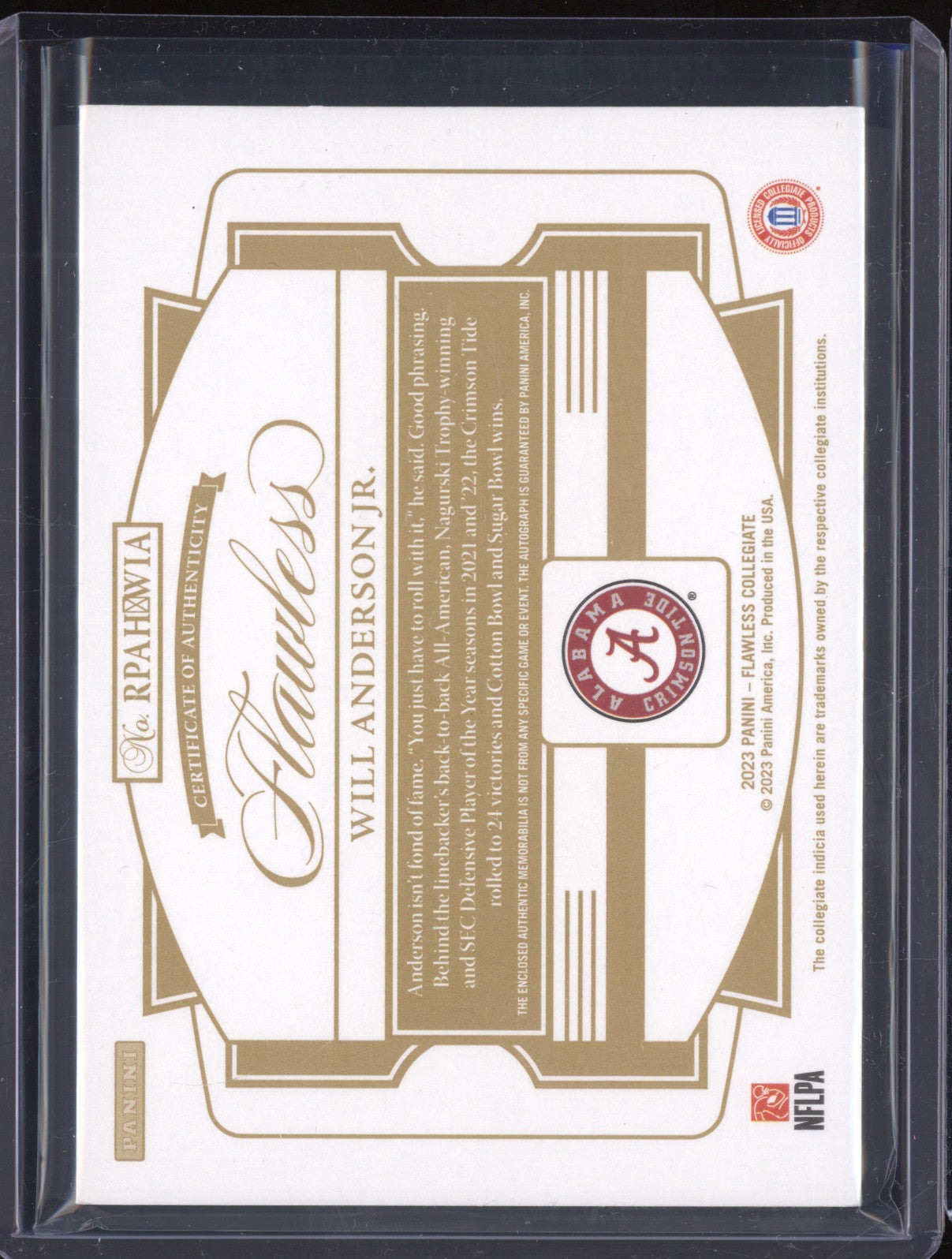 Will Anderson  Panini Flawless Coll RPAH-WIA Rookie Patch Auto Sapphire RC /15