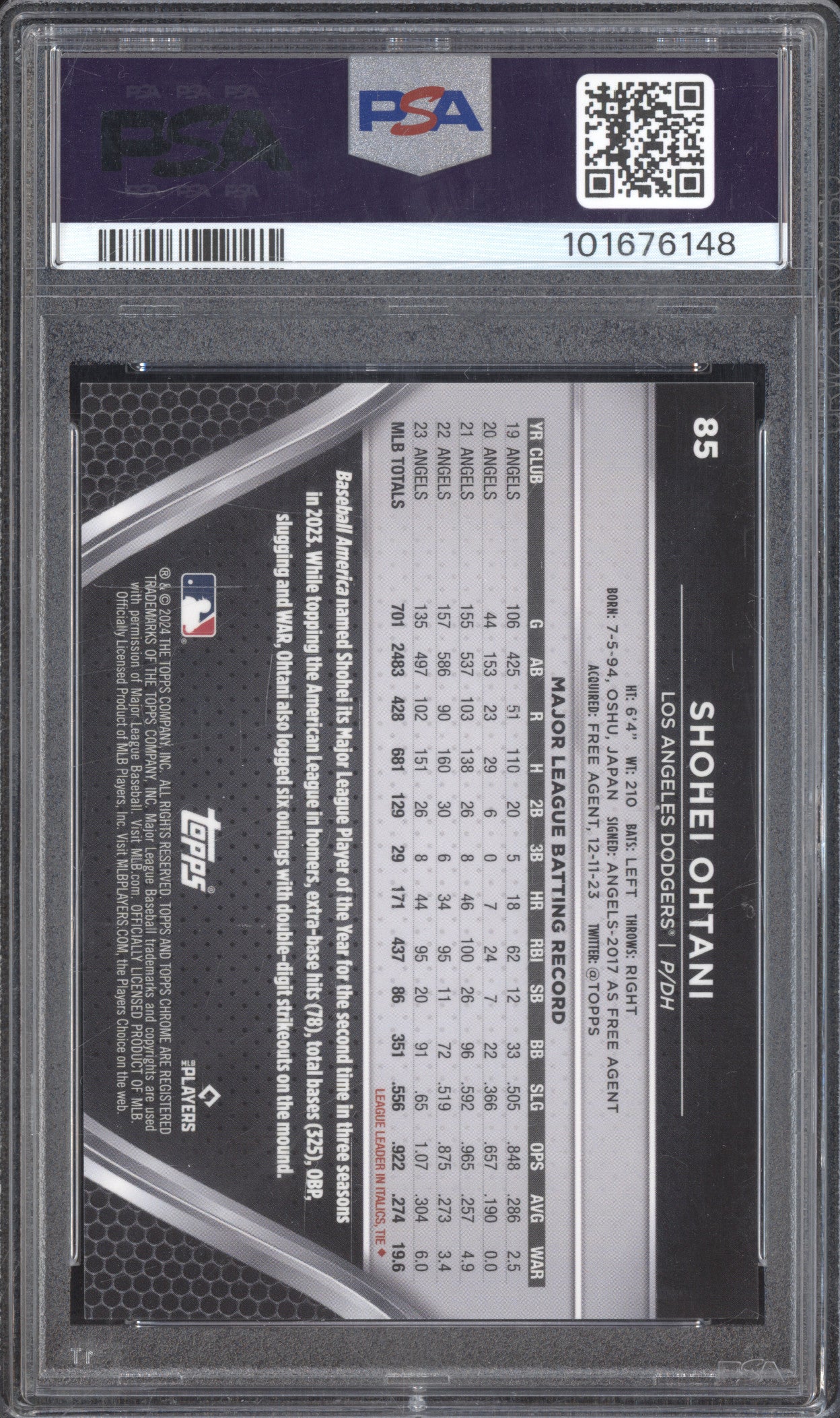 Shohei Ohtani 2024 Topps Chrome Black 85 Gold Refractor 6/50 PSA 10