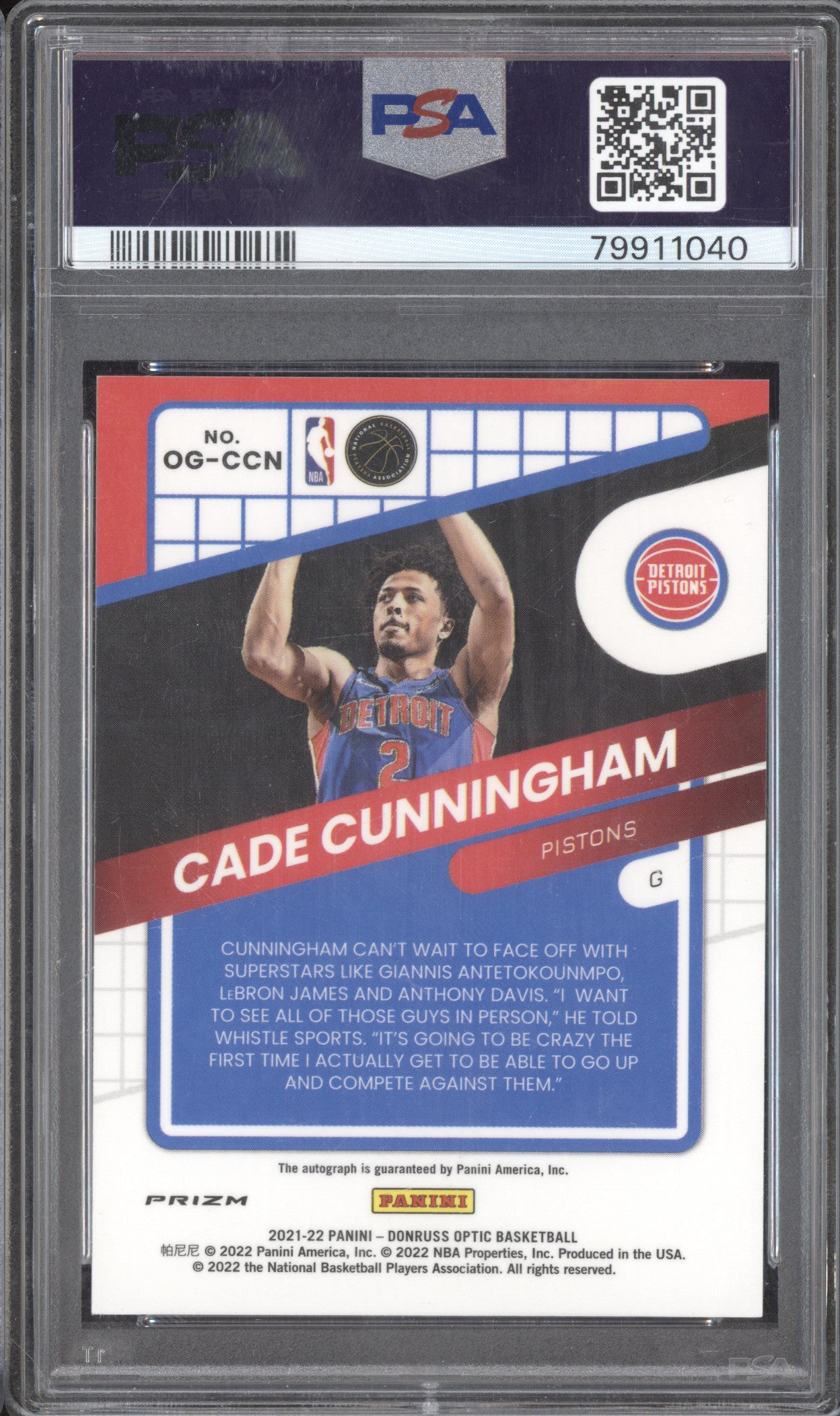 Cade Cunningham 2021 Panini Donruss Optic OG-CCN Opti-Graphs Choice Auto PSA 9