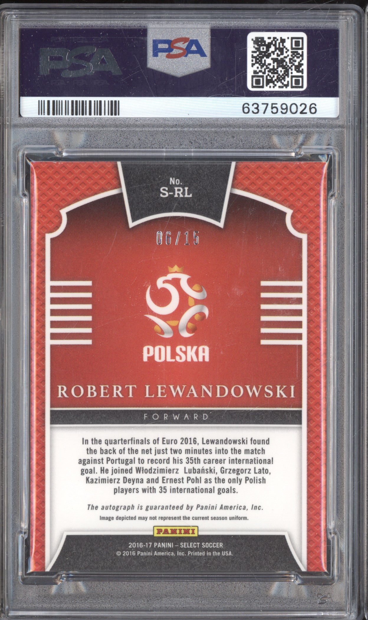 Robert Lewandowski 2016-17 Panini Select S-RL Signatures Tie-Dye 6/15 PSA 9