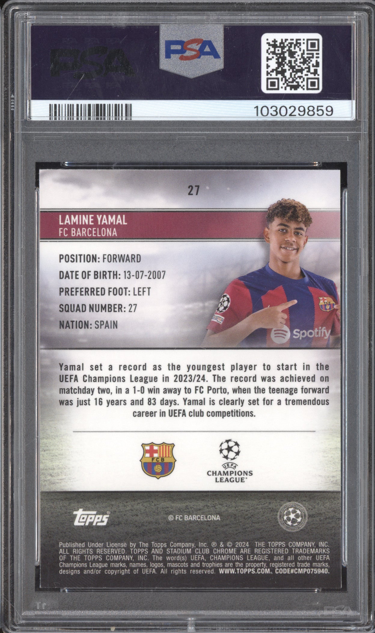 Yamine Yamal 2023-24 Topps Stadium CC 27 Green Yellow EC RC 97/125 PSA 10