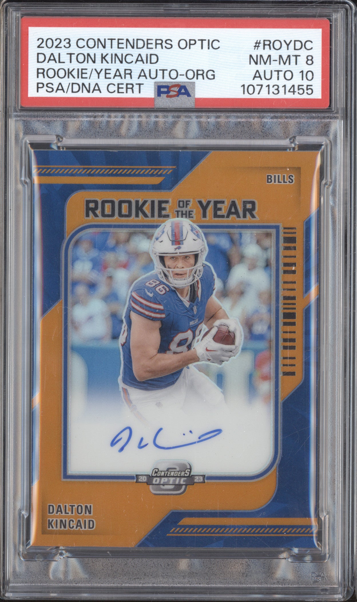 Dalton Kincaid  Panini Contenders Optic Rookie/Year Auto Orange RC /50 PSA 8/10