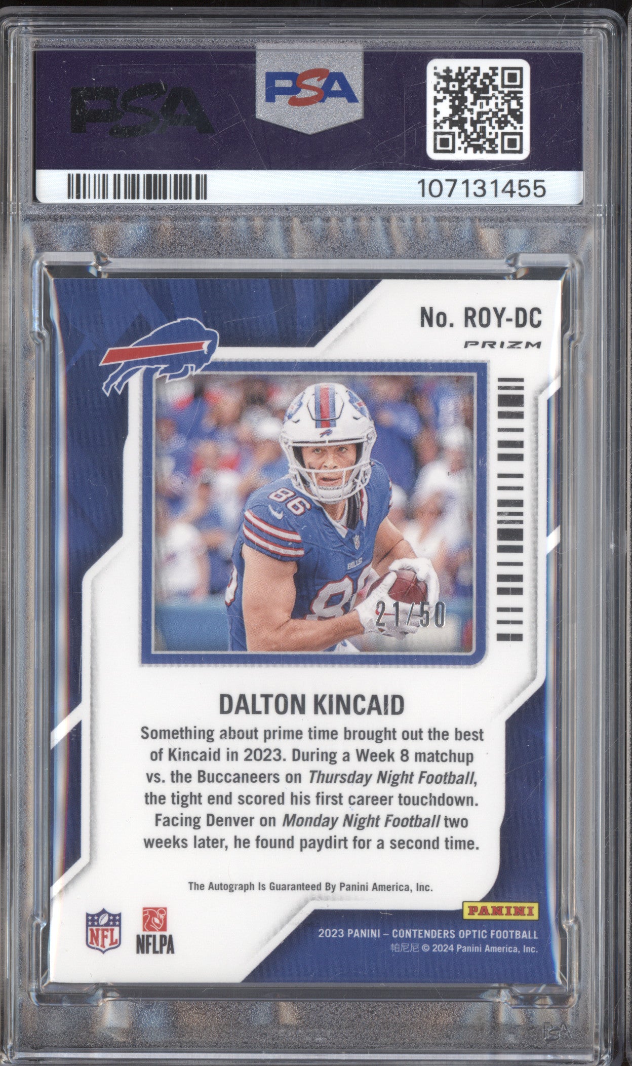 Dalton Kincaid  Panini Contenders Optic Rookie/Year Auto Orange RC /50 PSA 8/10